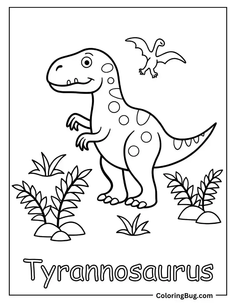 Cute Tyrannosaurus with text coloring page for young children