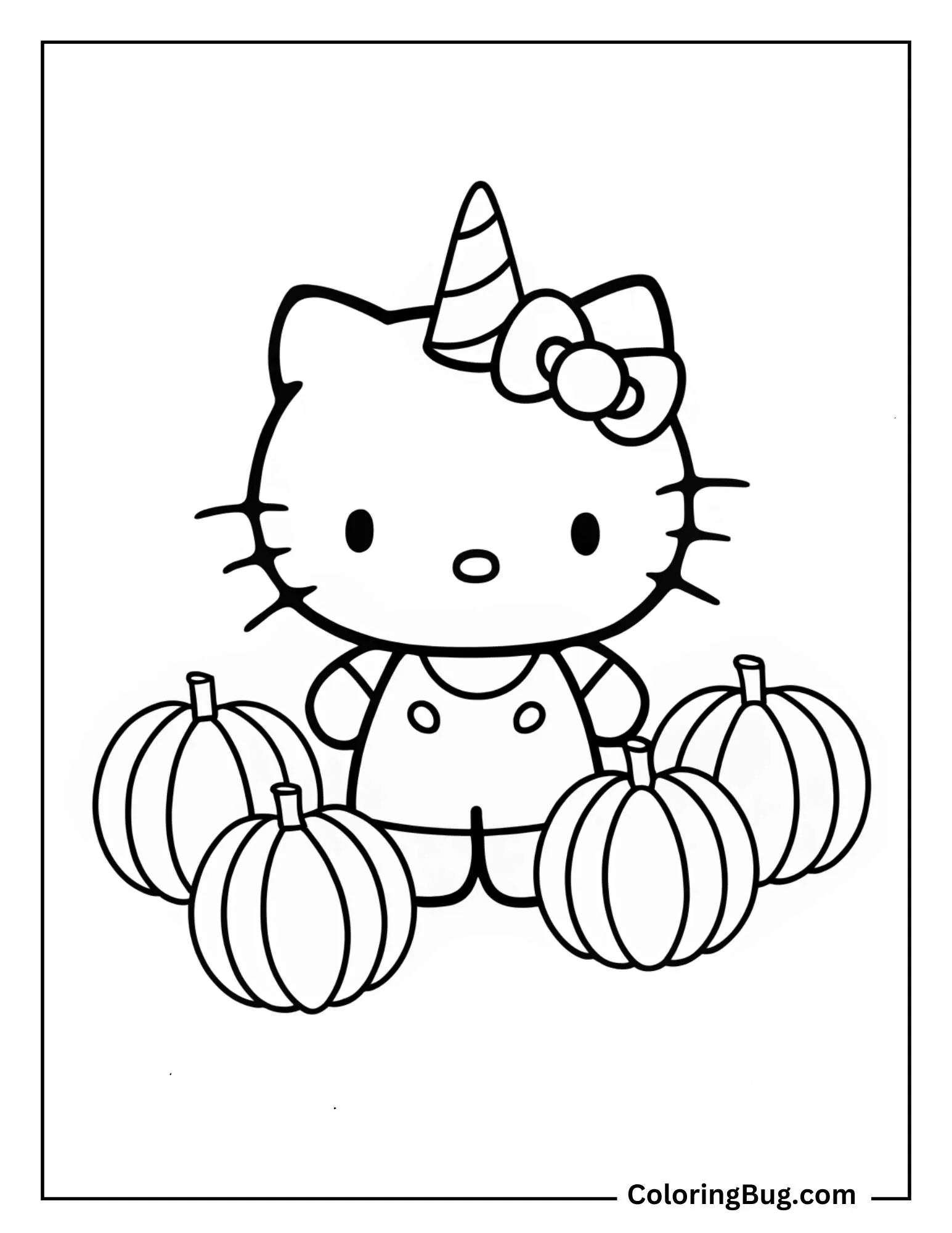 Unicorn Hello Kitty At Pumpkin Patch On Halloween Coloring Sheet