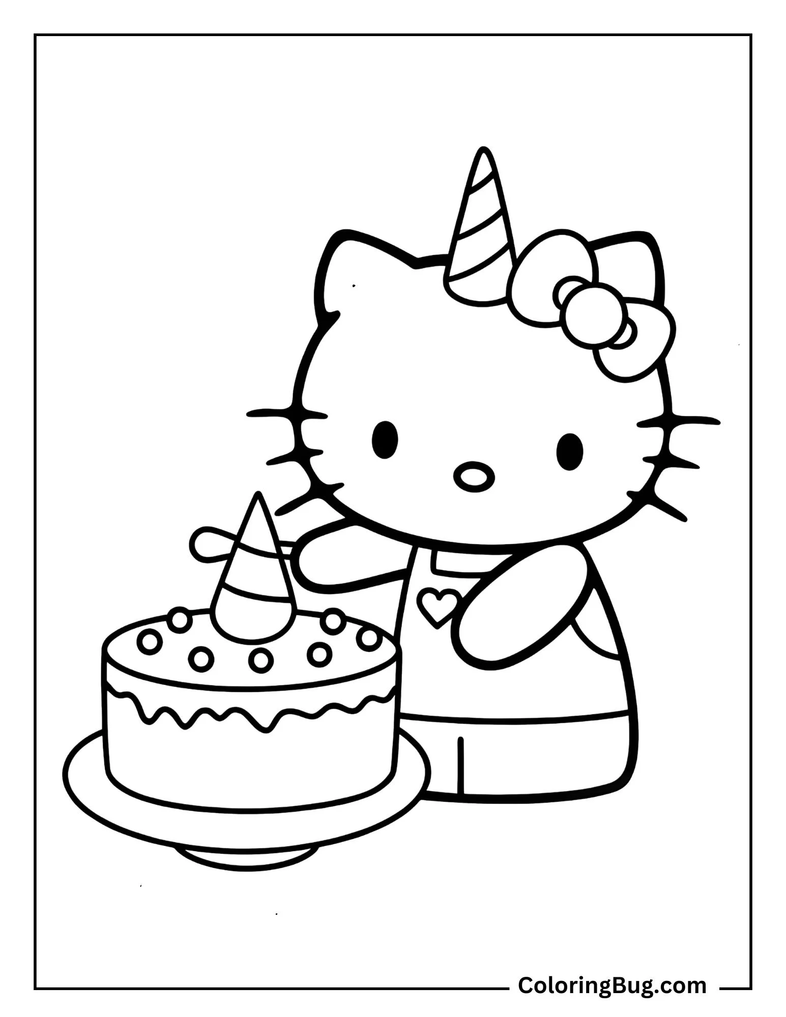 Unicorn Hello Kitty Decorating a Cake In a Bakery Coloring Sheet