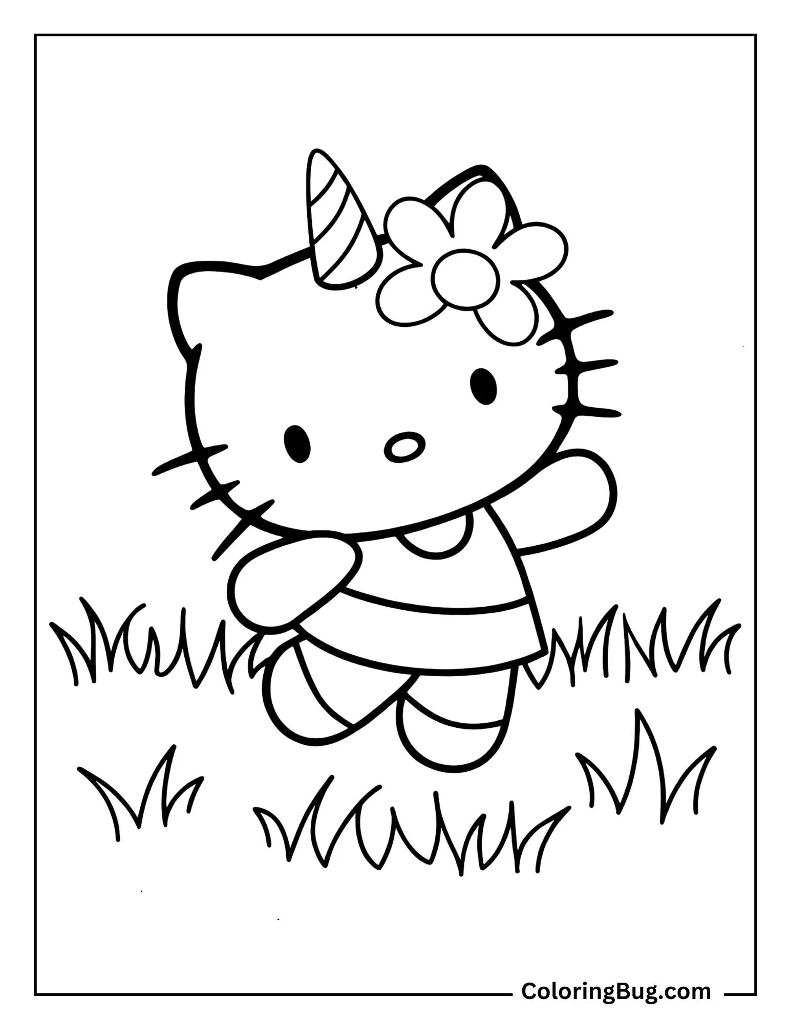 Unicorn Hello Kitty Doing a Cartwheel In a Grassy Field Coloring Sheet