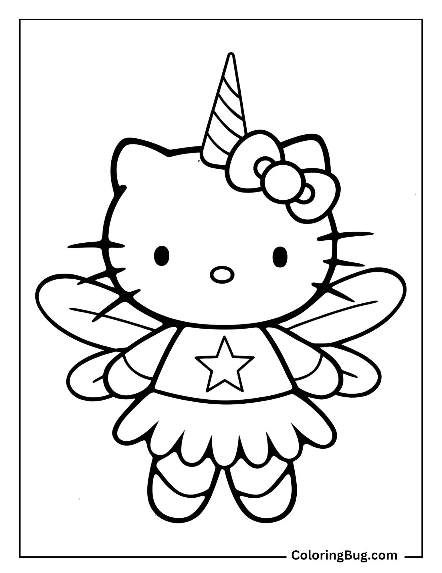 Unicorn Hello Kitty Dressed As Fairy Coloring Sheet