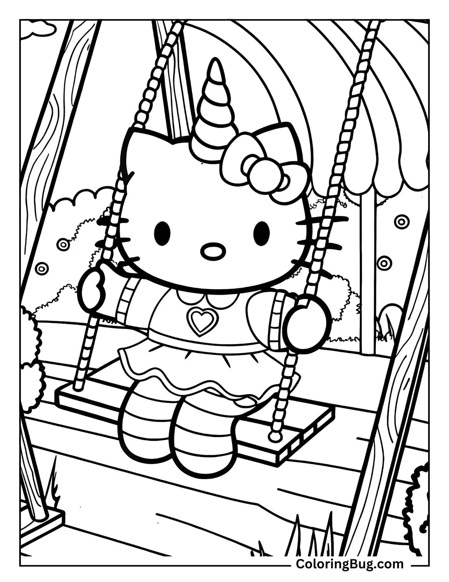 Unicorn Hello Kitty Enjoying a Sunny Day On a Swing Coloring Sheet