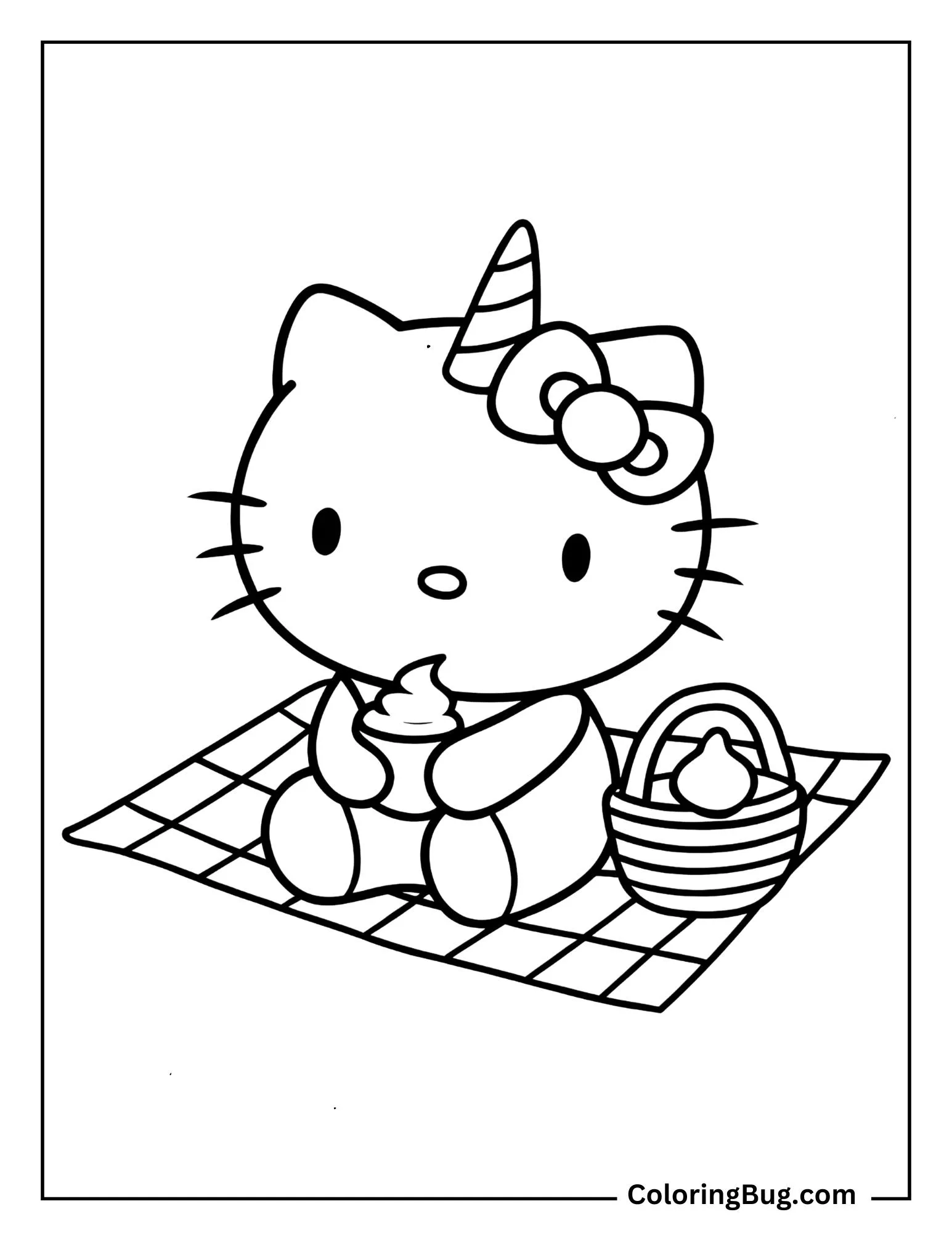 Unicorn Hello Kitty Having a Picnic Coloring Sheet