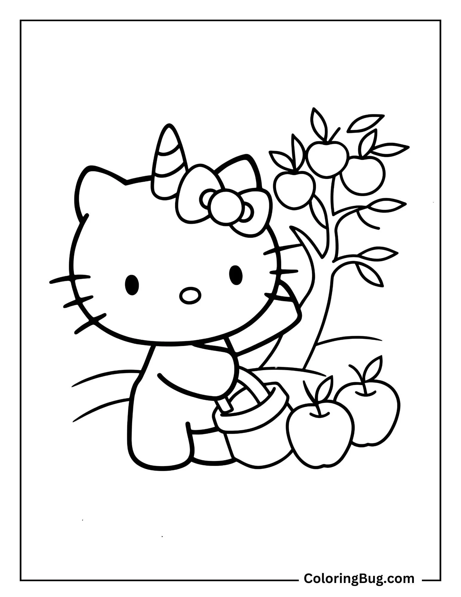 Unicorn Hello Kitty Picking Apples In Orchard Coloring Sheet