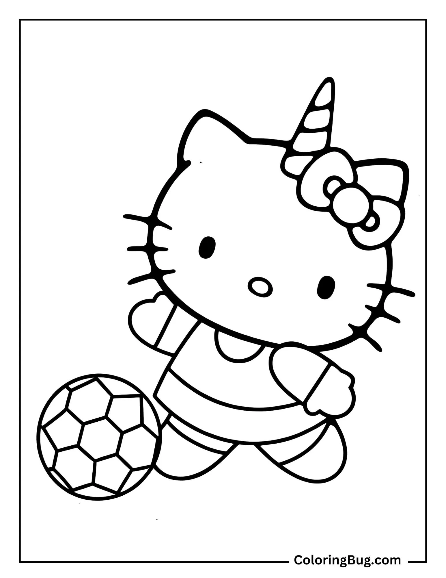 Unicorn Hello Kitty Playing Soccer Coloring Sheet