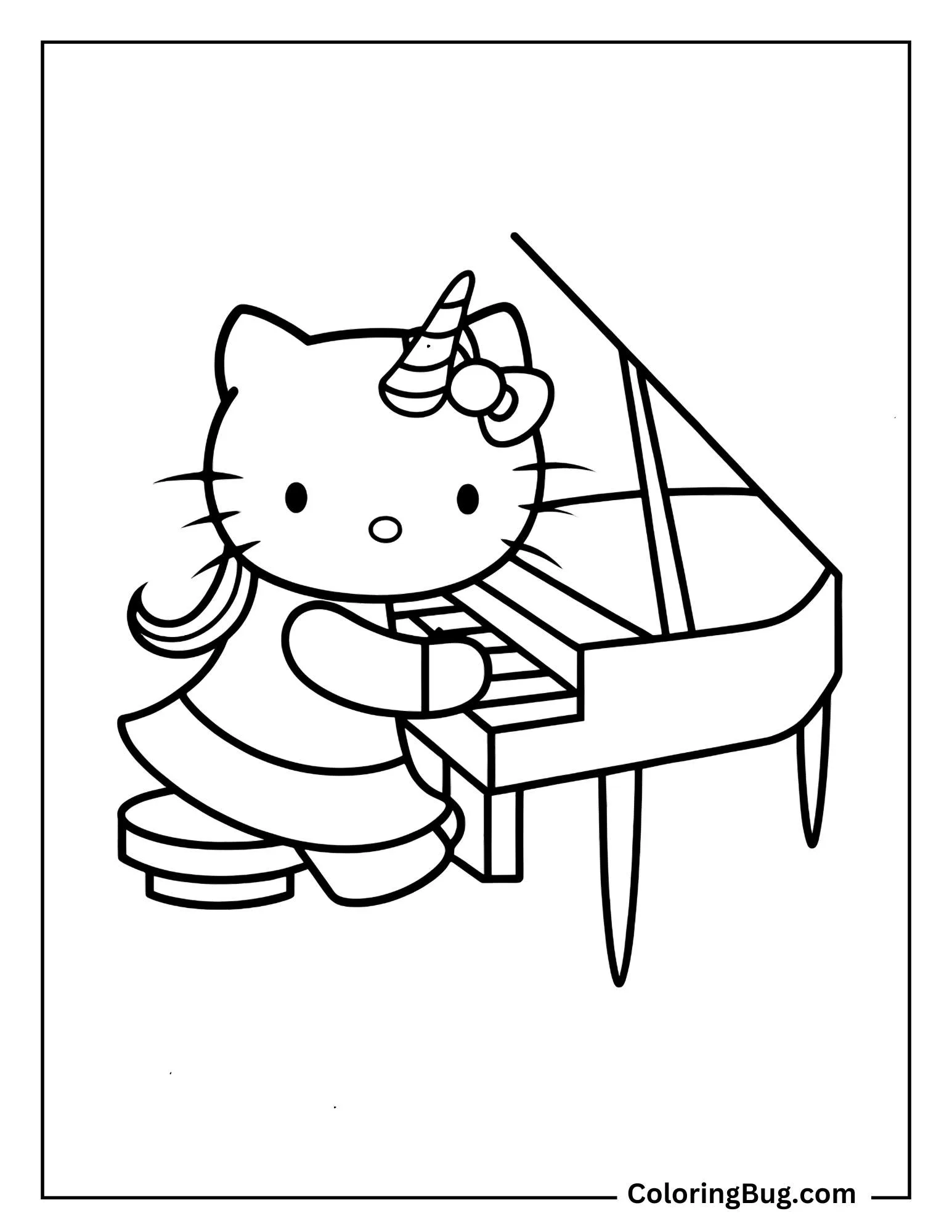Unicorn Hello Kitty Playing The Piano Coloring Sheet