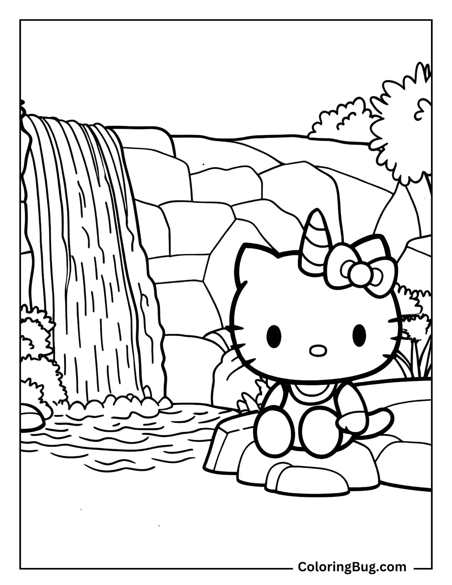 Unicorn Hello Kitty Sitting On a Rock By Waterfall Coloring Sheet
