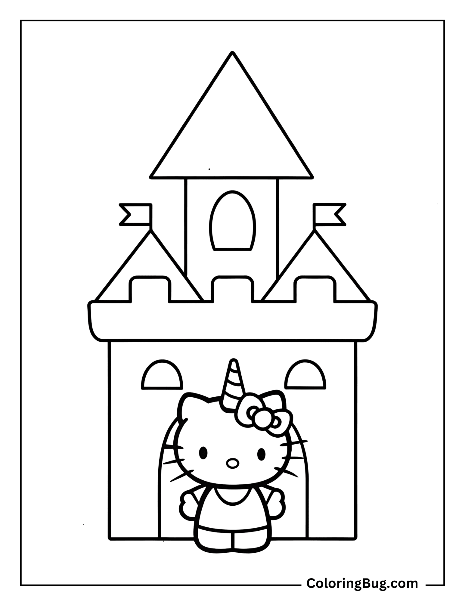Unicorn Hello Kitty Standing In Front of Magical Castle Coloring Sheet