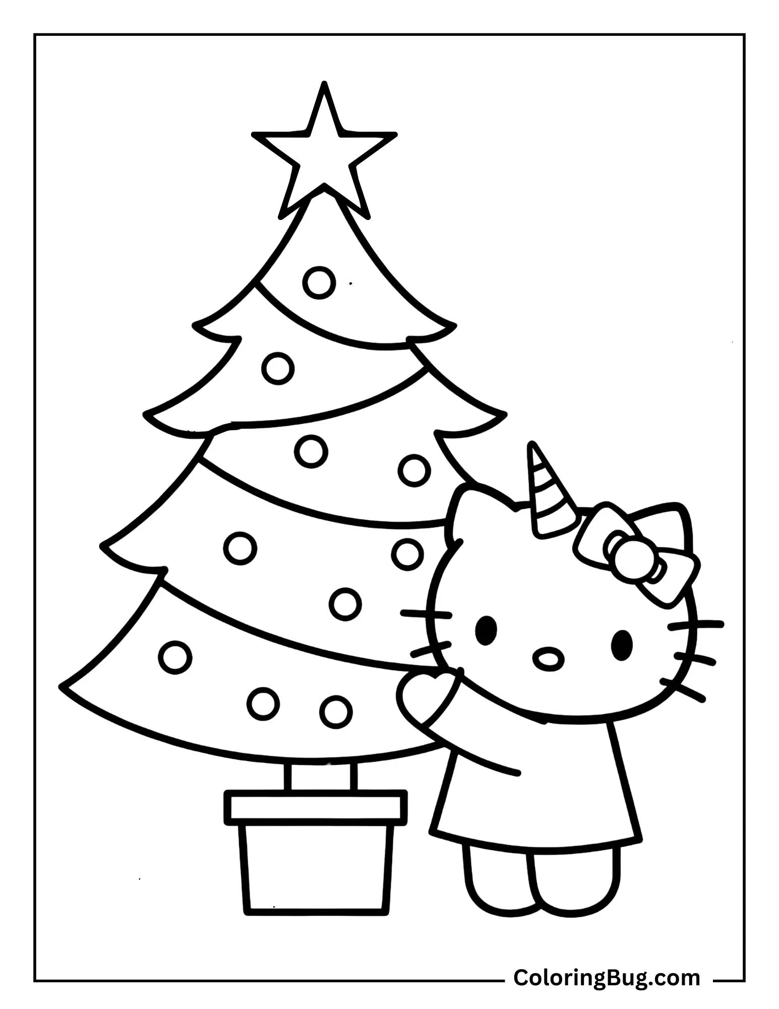 Unicorn Hello Kitty decorating a Christmas tree Coloring Sheet
