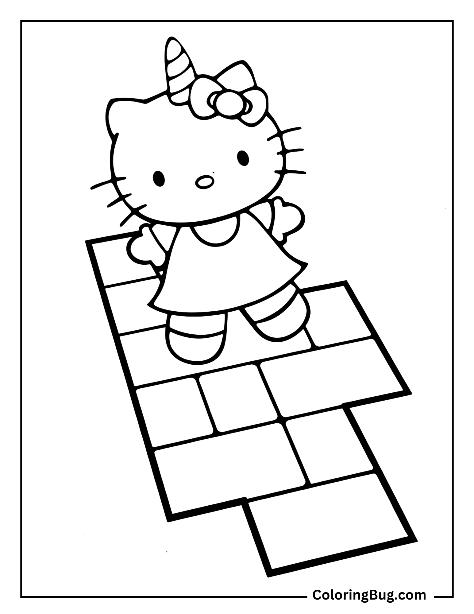 Unicorn Hello Kitty playing hopscotch in a playground Coloring Sheet