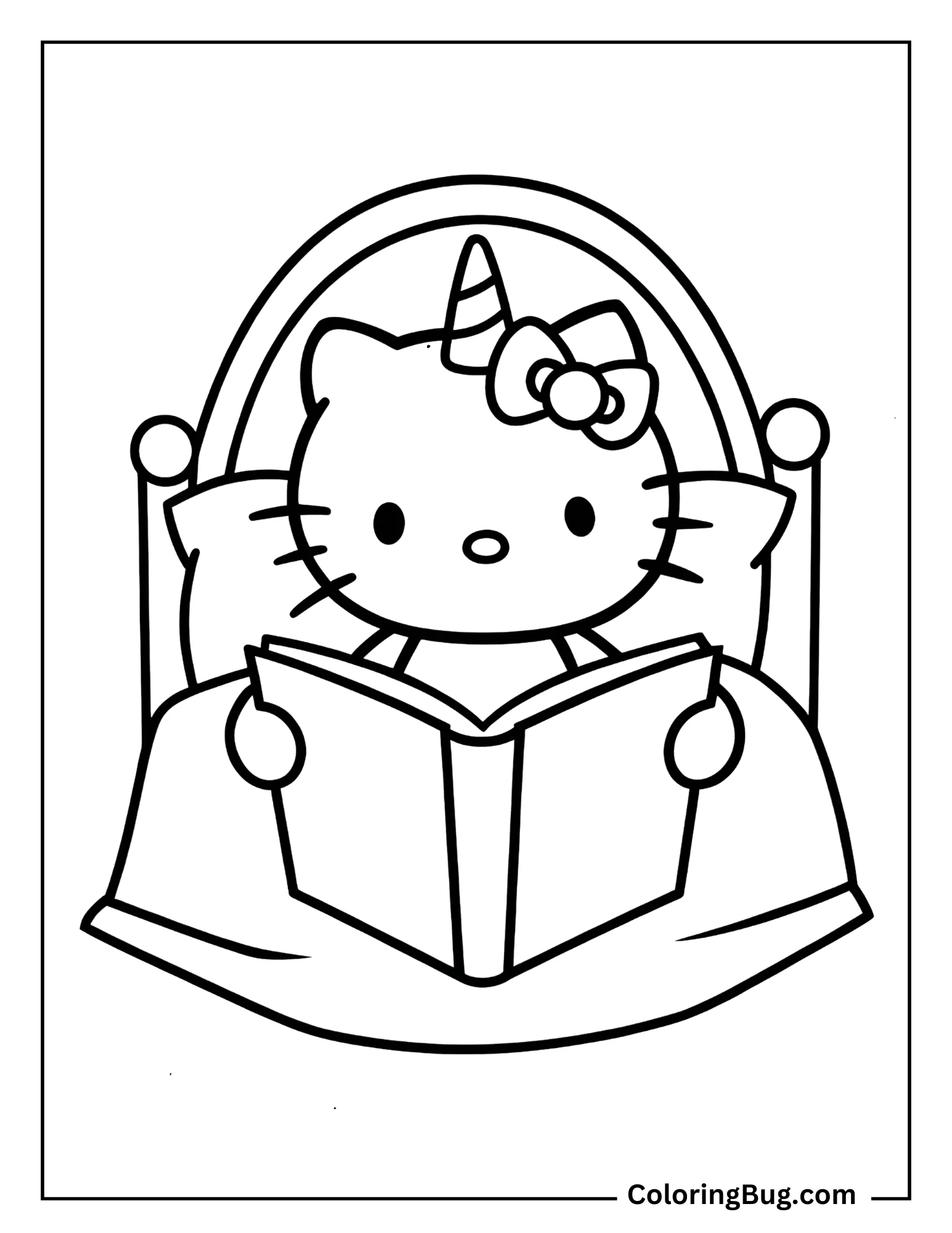 Unicorn Hello Kitty reading a book in a cozy bed Coloring Sheet