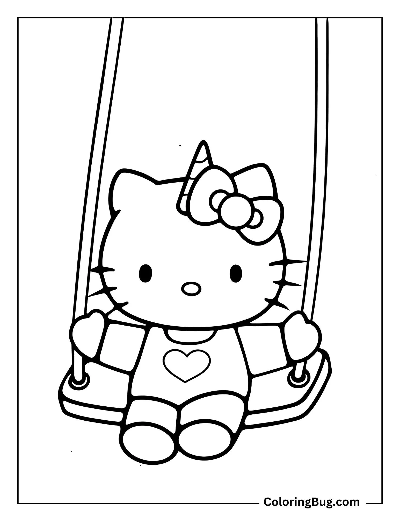 Unicorn Hello Kitty riding Swing In Park Coloring Sheet