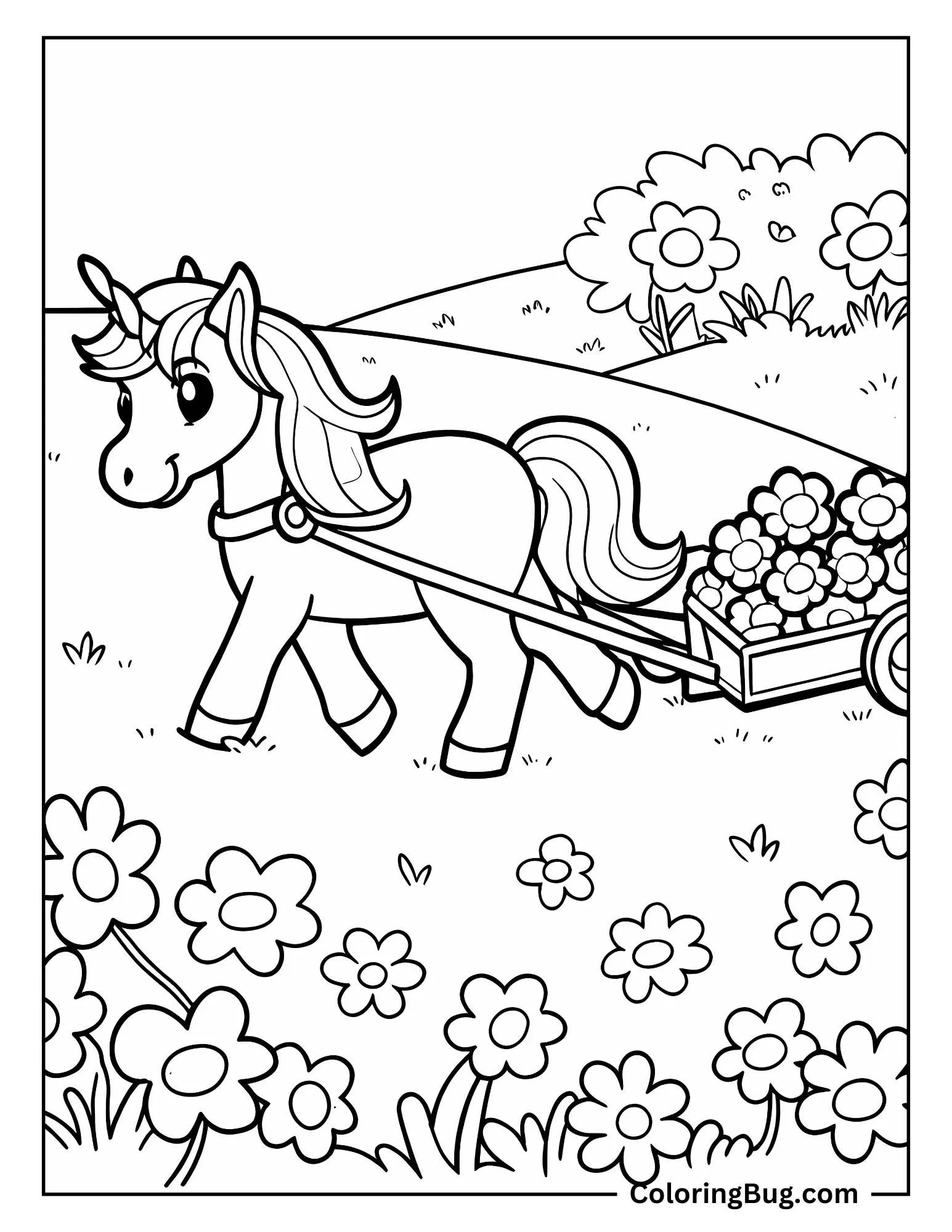 Unicorn Pulling Sled With Full of Flowers During Spring Coloring Sheet