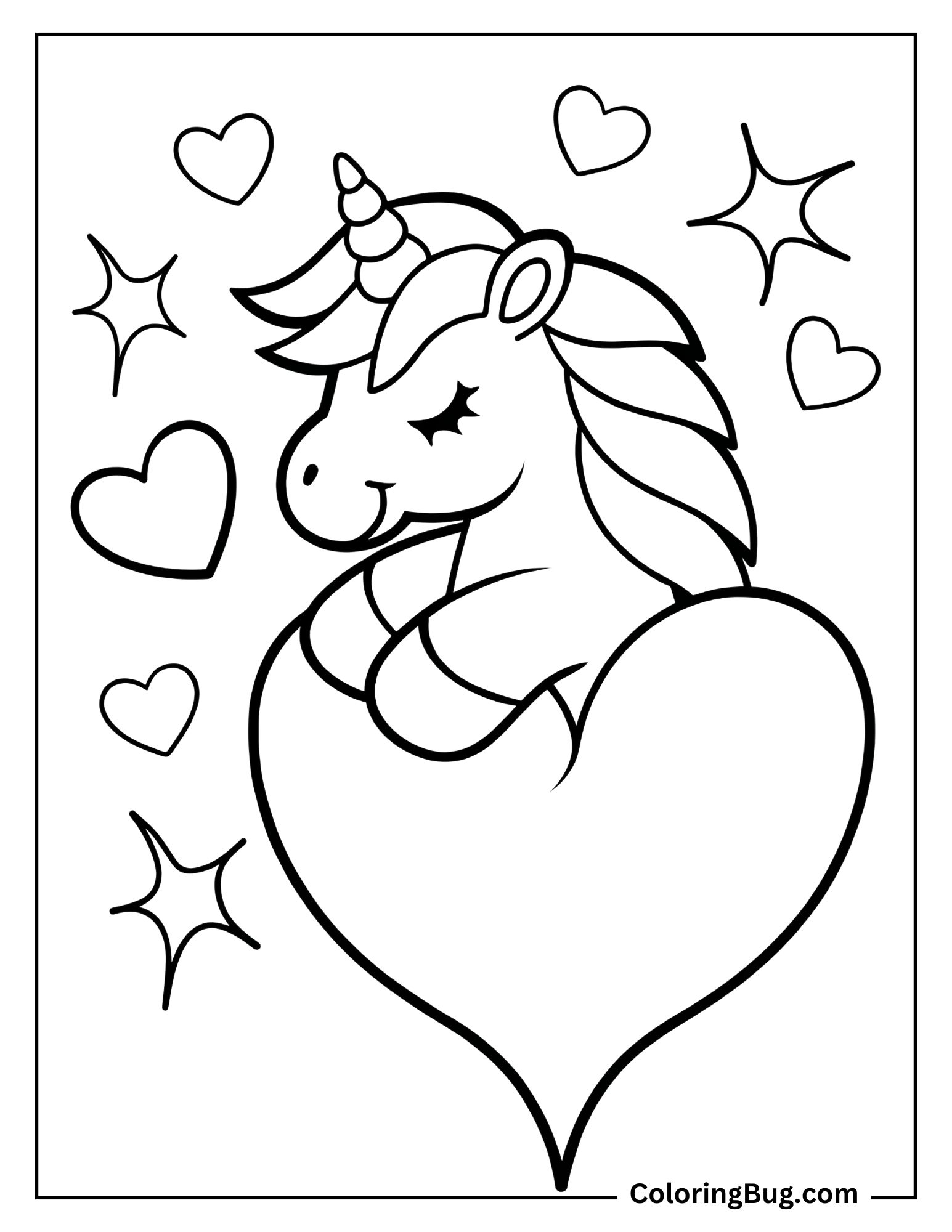 Unicorn With Hearts And Stars Coloring Sheet