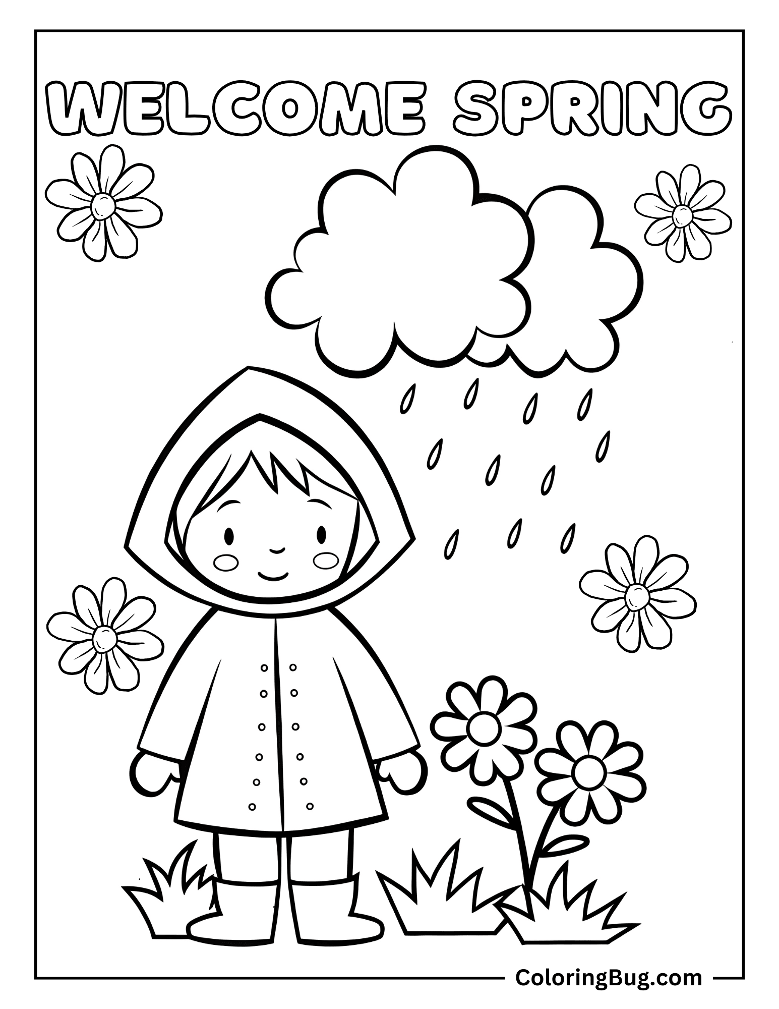 Welcome Spring With Boy Standing in Garden During Spring Rain Coloring Sheet
