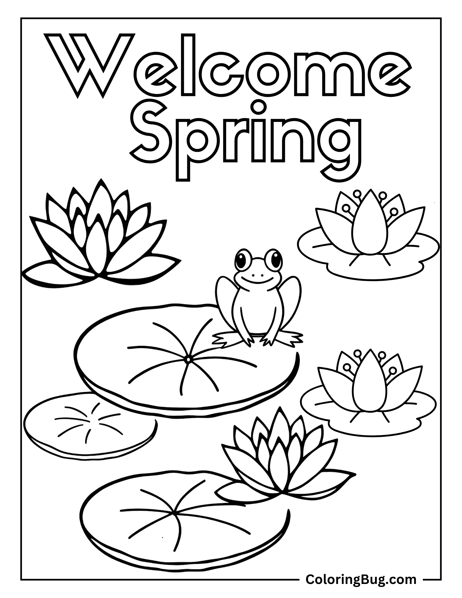 Welcome Spring With Cute Frog Sitting on a Lily Pad in a Pond, Surrounded by Blooming Water Lilies Coloring Sheet