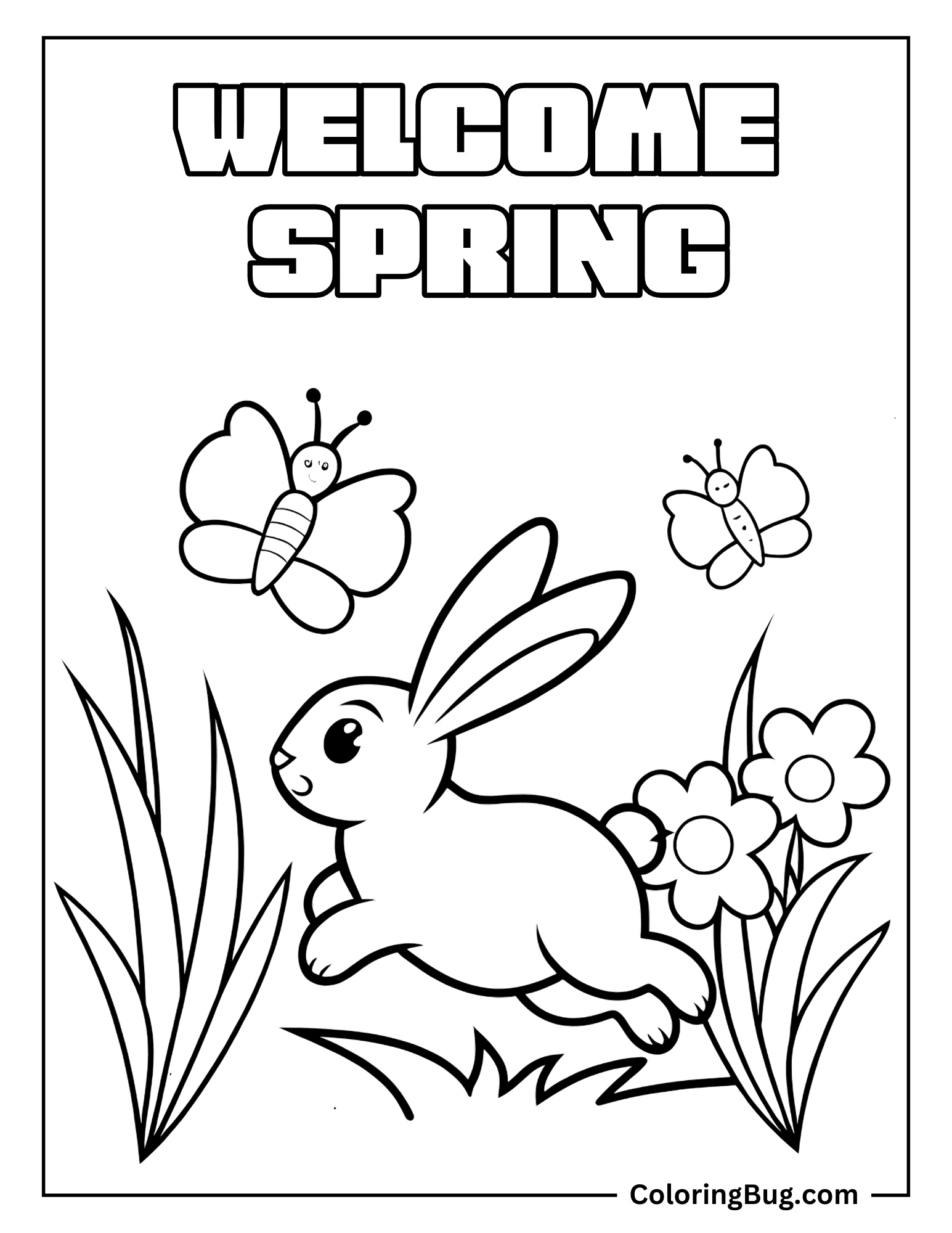 Welcome Spring With Cute Rabbit Running in Spring Garden Coloring Sheet