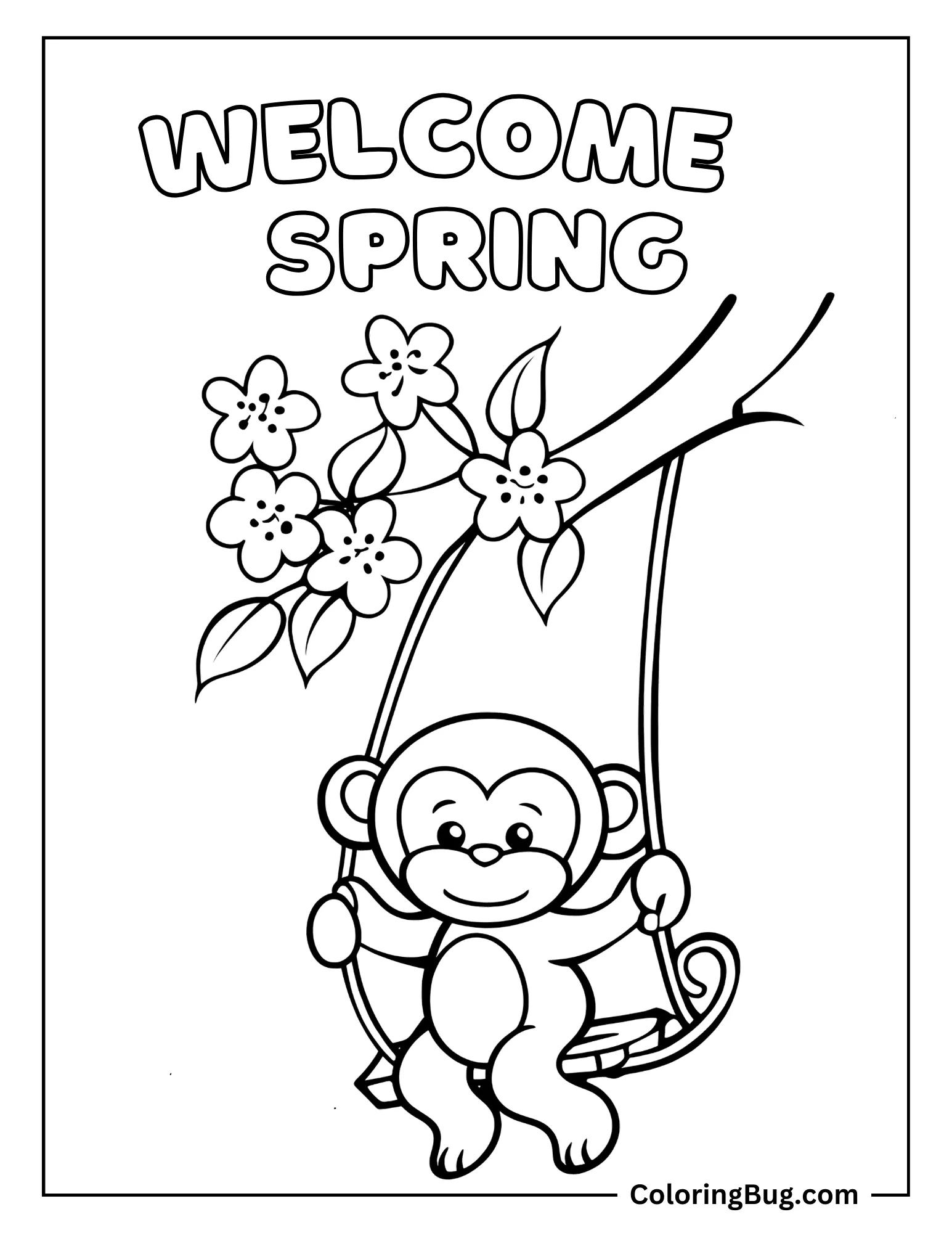 Welcome Spring With Monkey on Swing During Spring Coloring Sheet