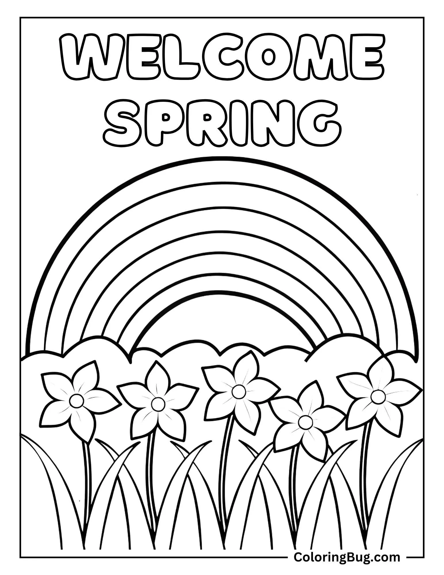 Welcome Spring With Rainbow Over Daffodils Coloring sheet