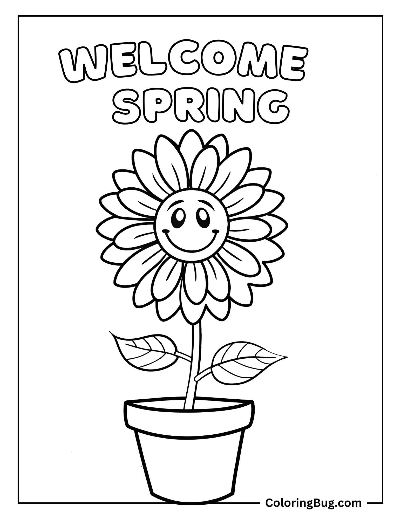 Welcome Spring With Smiling Sunflower  Coloring Sheet