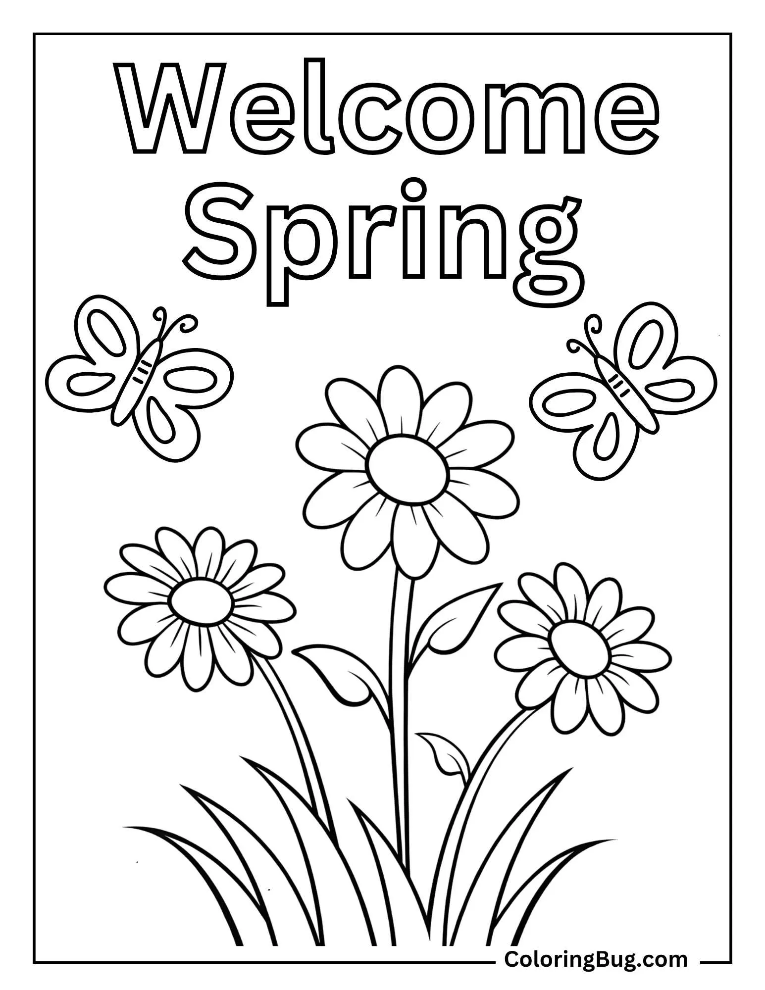 Welcome Spring With Spring Flowers Coloring Sheet