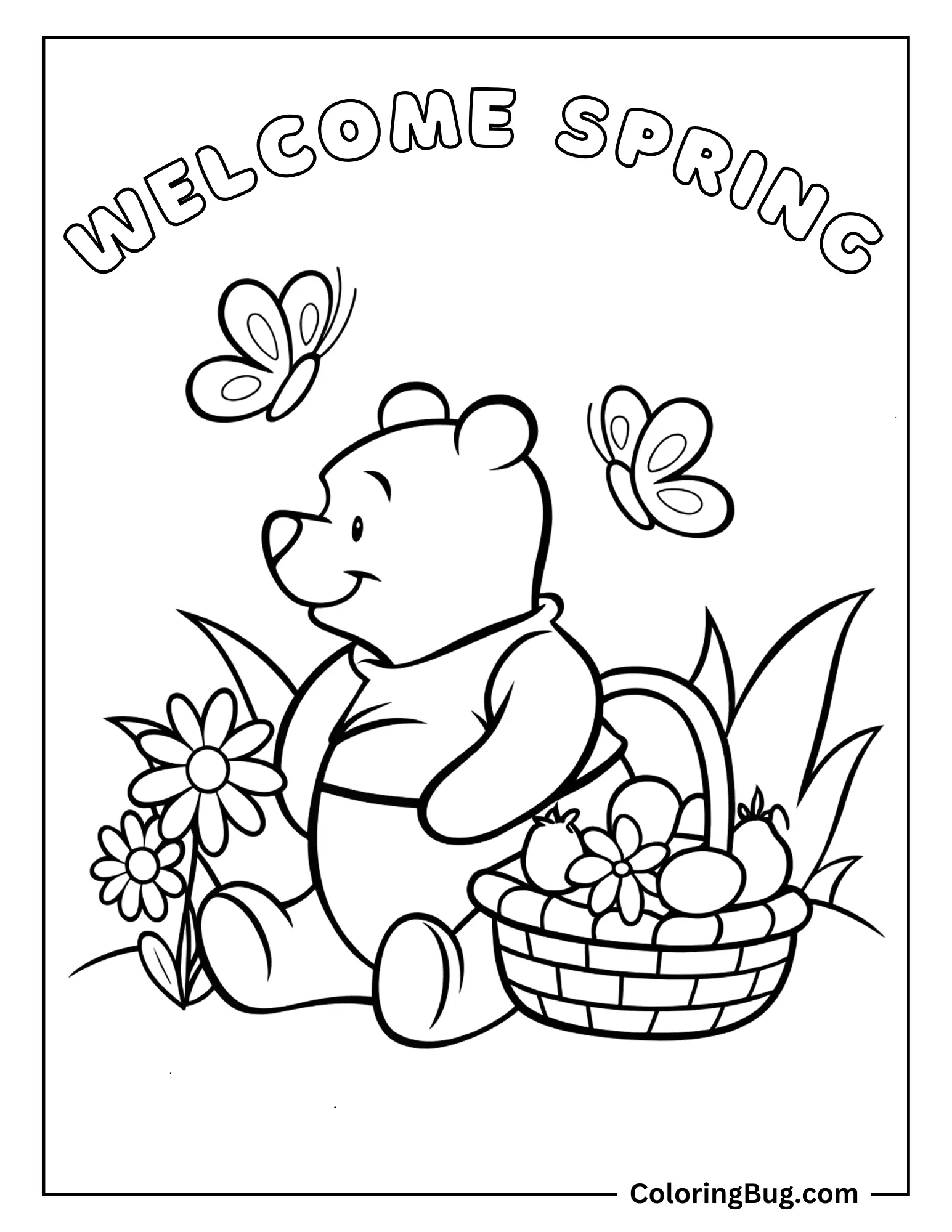 Welcome Spring With Winnie The Pooh Having Picnic Coloring sheet