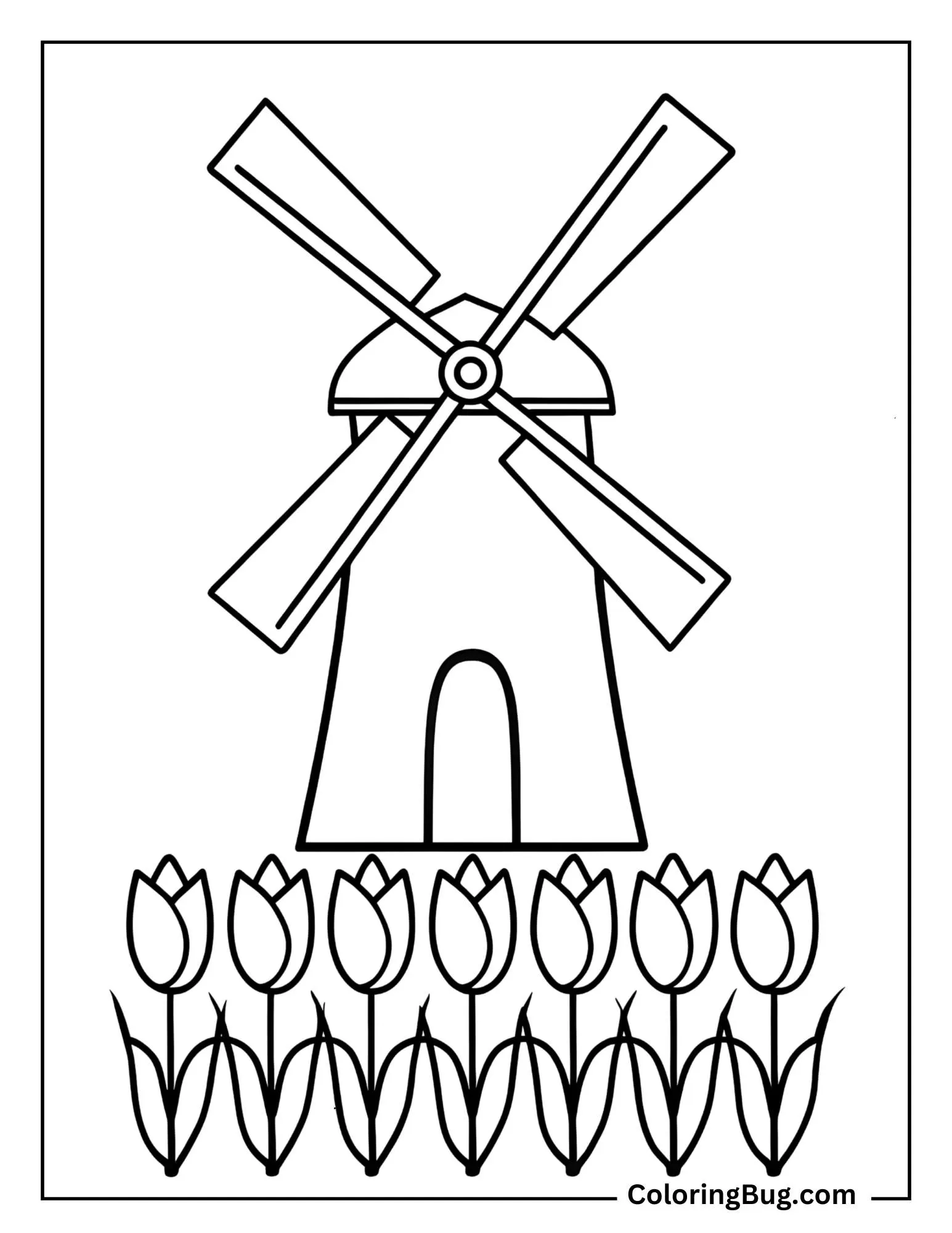 Windmill Turning In a Field Of Tulips Coloring Sheet
