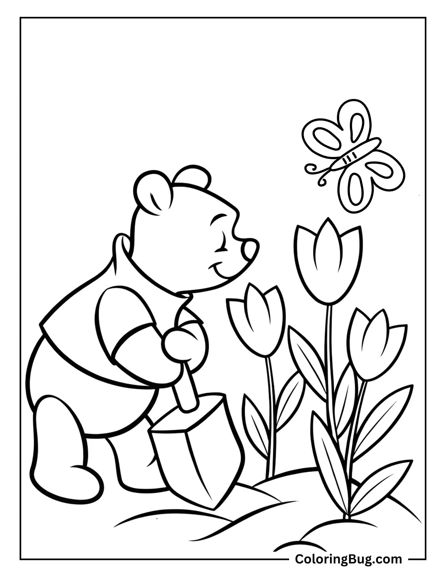 Winnie The Pooh Planting Flowers Coloring Sheet