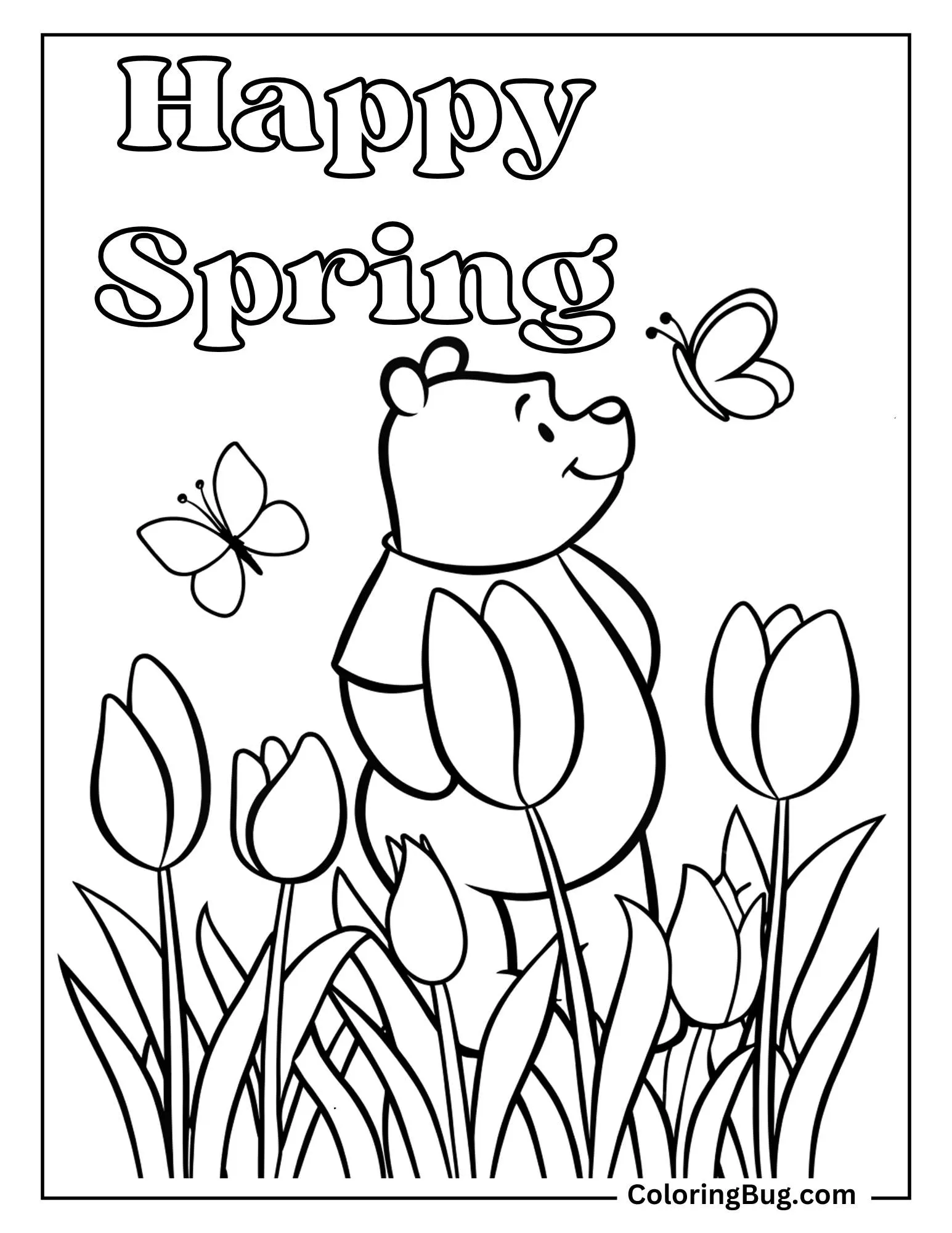 Winnie The Pooh in Tulips Field With Butterflies Coloring sheet