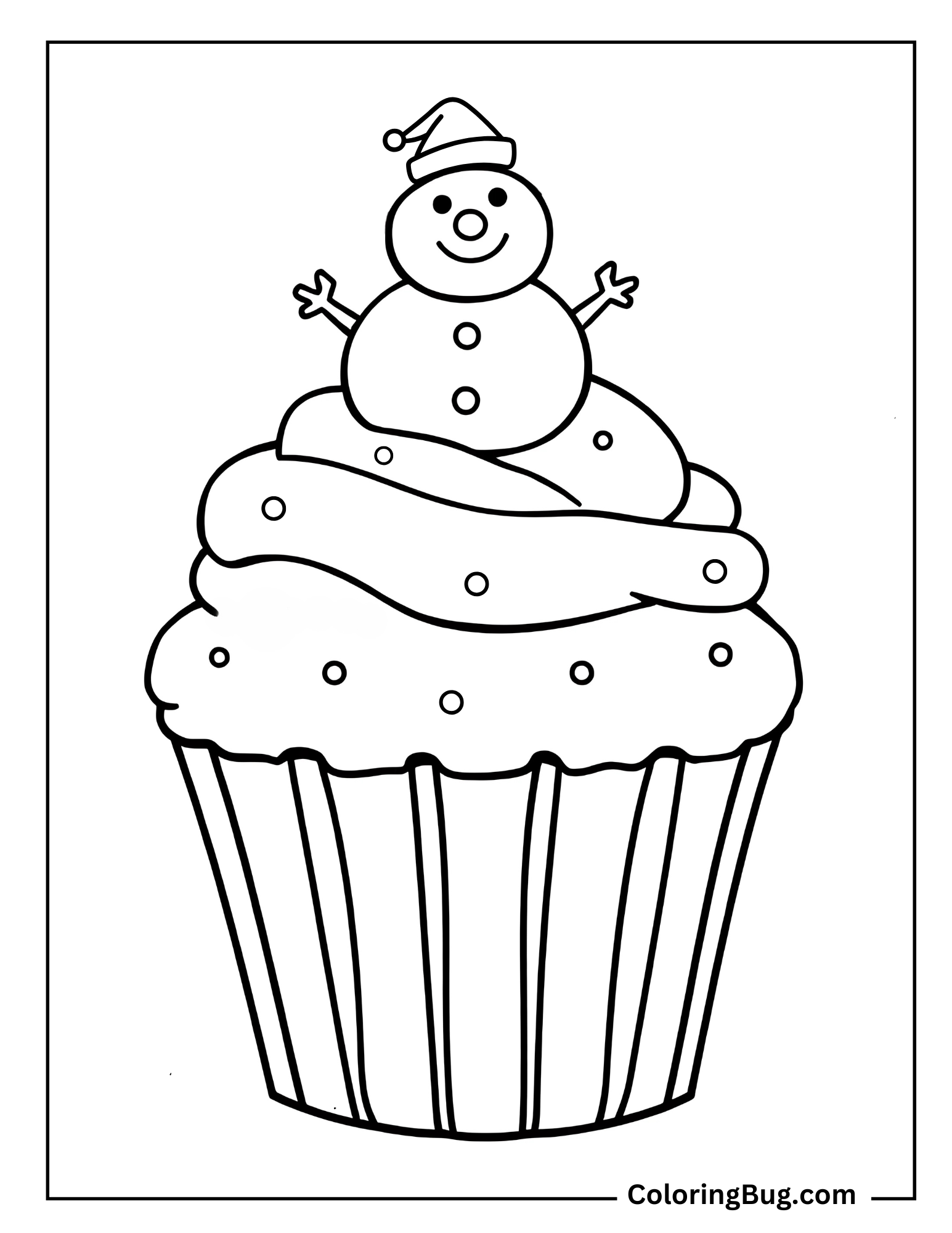 Winter Themed Cupcake With a Tiny Snowman On Top Coloring Sheet