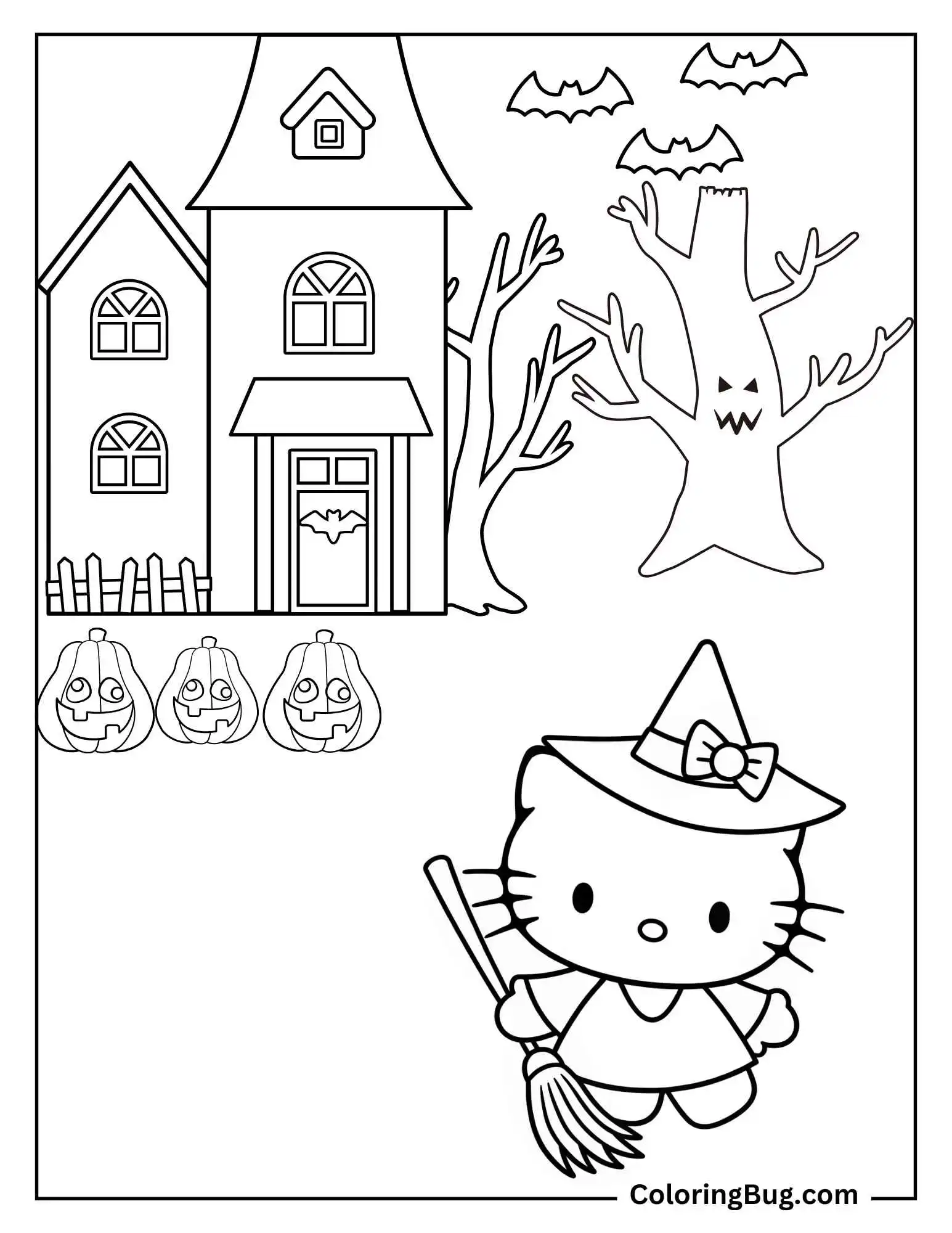Witch Hello Kitty In Hunted House With Bats, Pumpkins and Spooky Trees Coloring Sheet