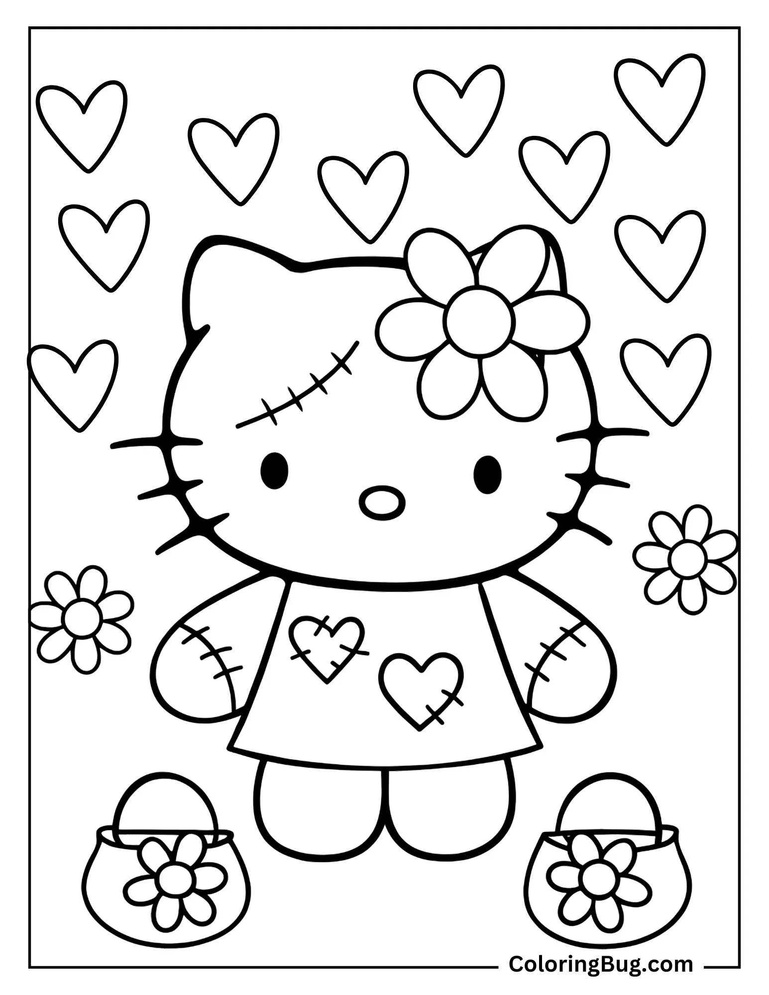 Zombie Hello Kitty Surrounded By Flowers Coloring Sheet