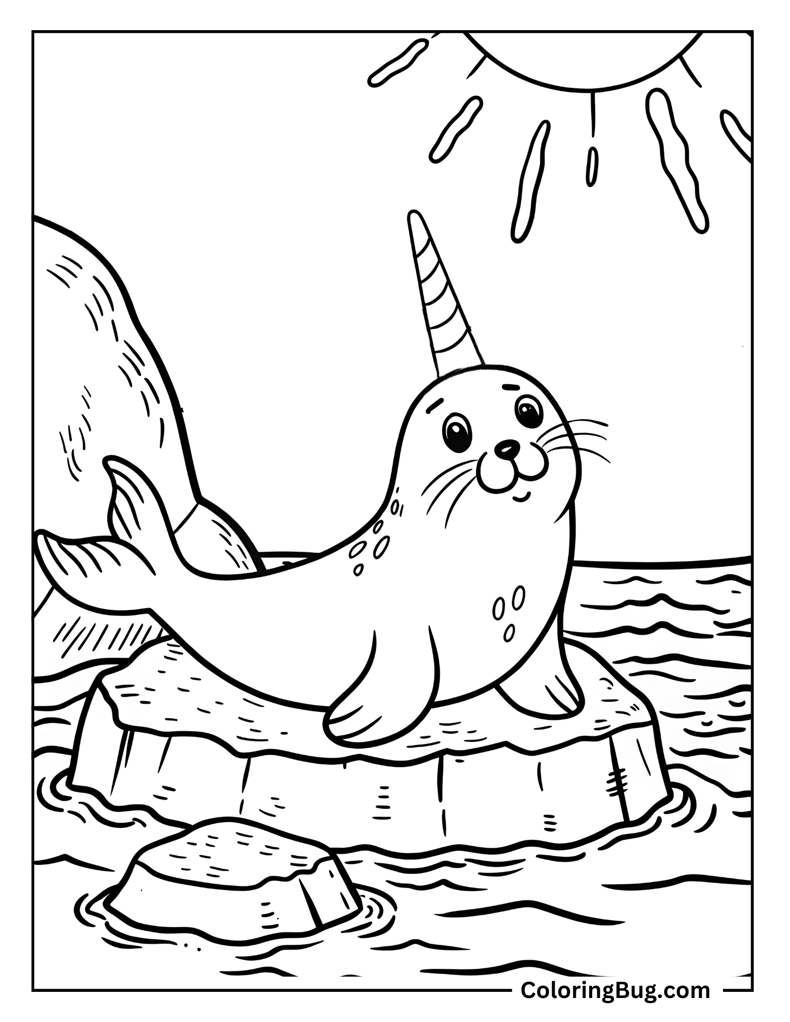 baby Unicorn Sea Lion Sunbathing On a Rock Coloring Sheet