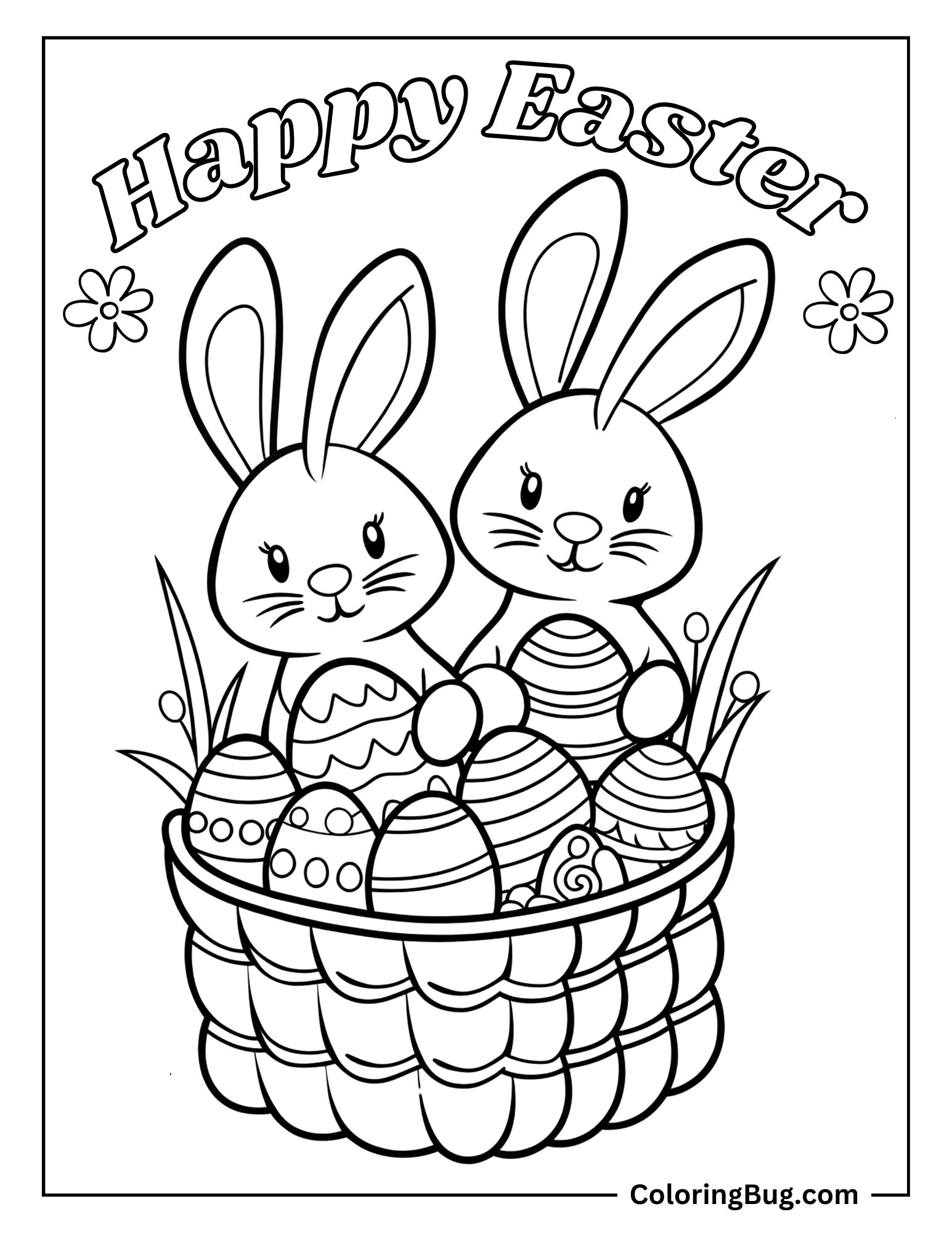 2 Bunnies Sitting Under Easter Eggs Basket Coloring Sheet