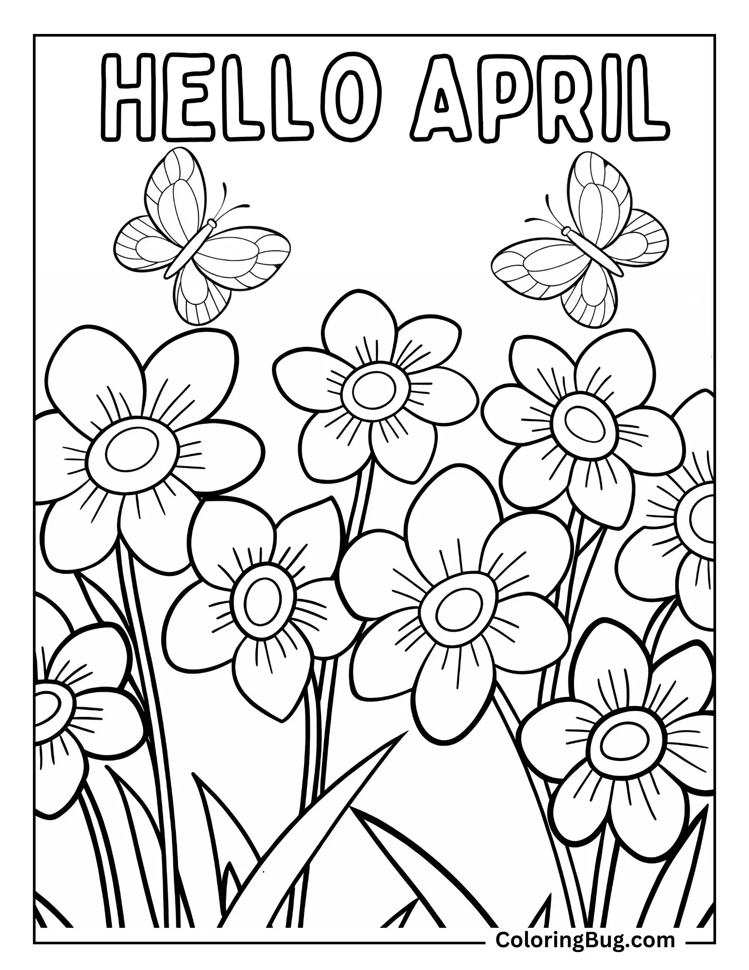 April Flowers With Butterflies With Text Hello April Coloring Sheet
