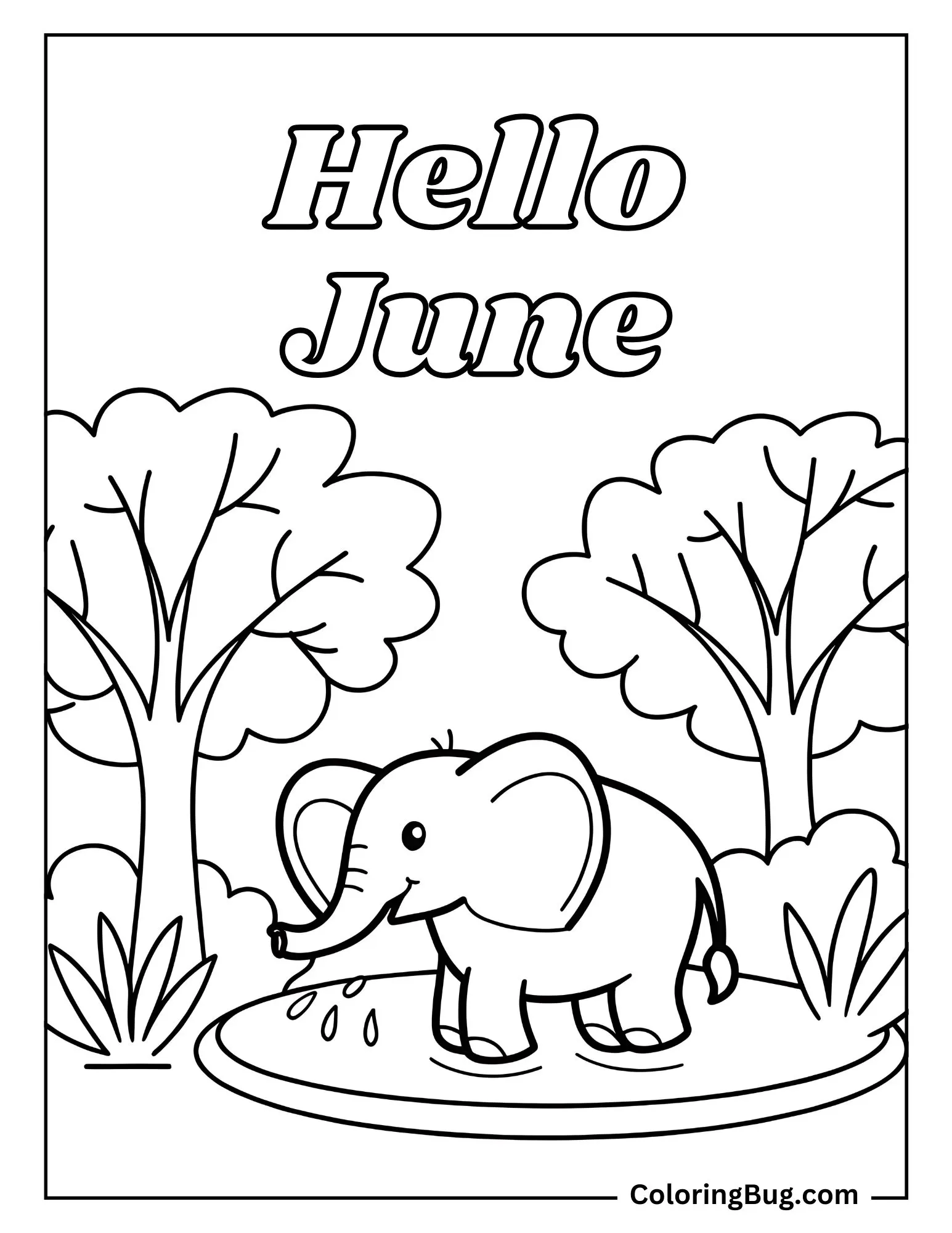 Baby Elephant Splashing in a Waterhole on a Hot June Day Coloring sheet