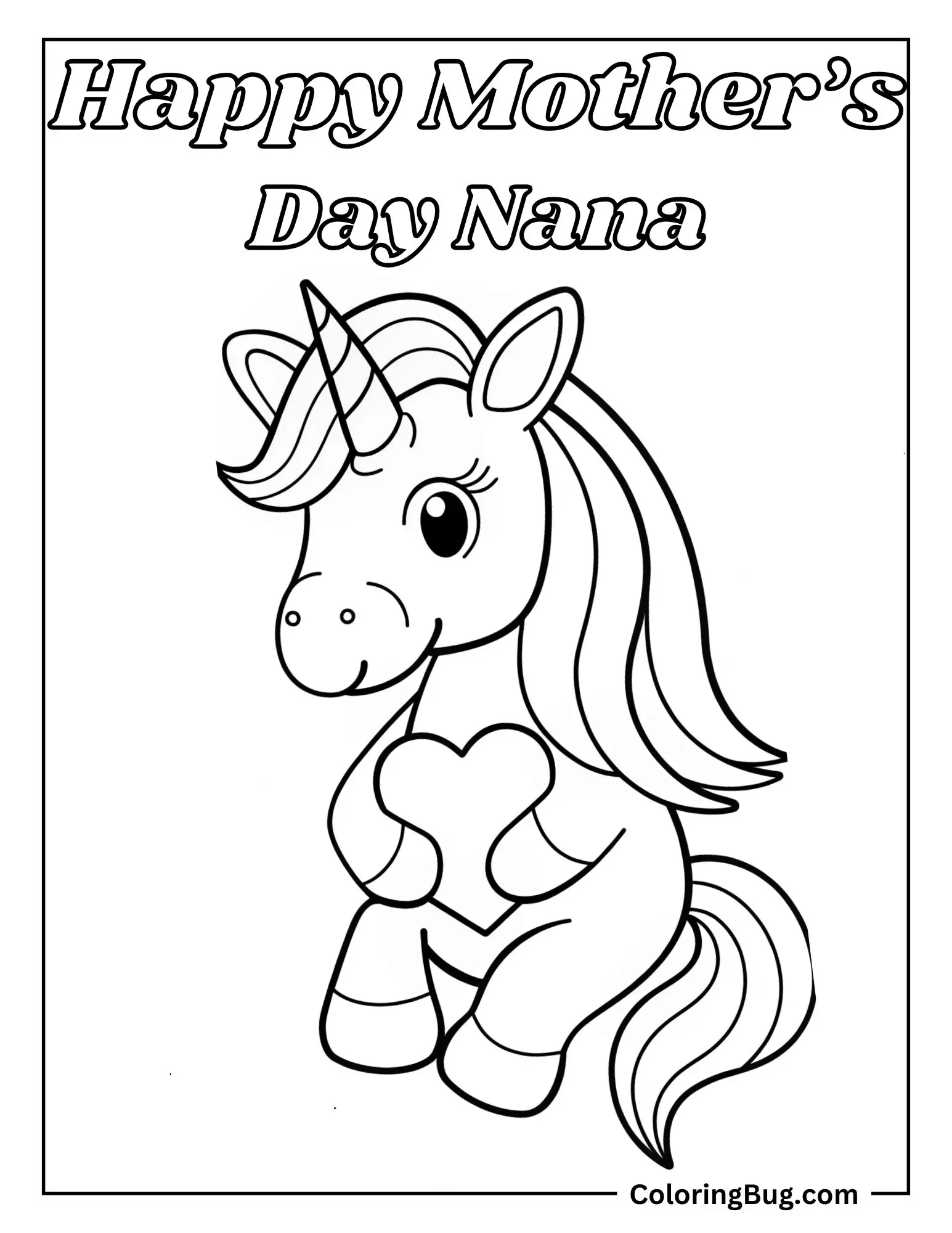 Baby Unicorn Holding Heart For Nana Coloring Sheet
