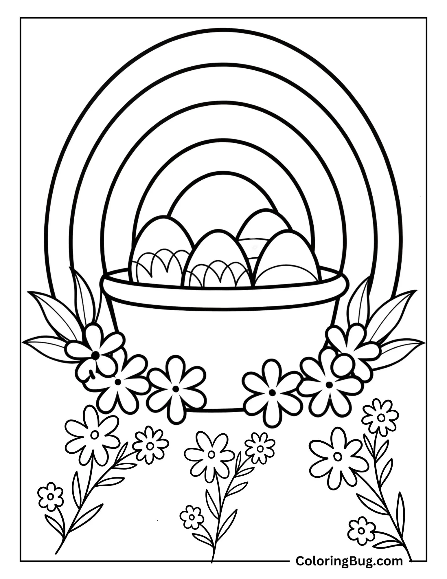 Basket of Easter Egg With Rainbow And Flowers Coloring Sheet