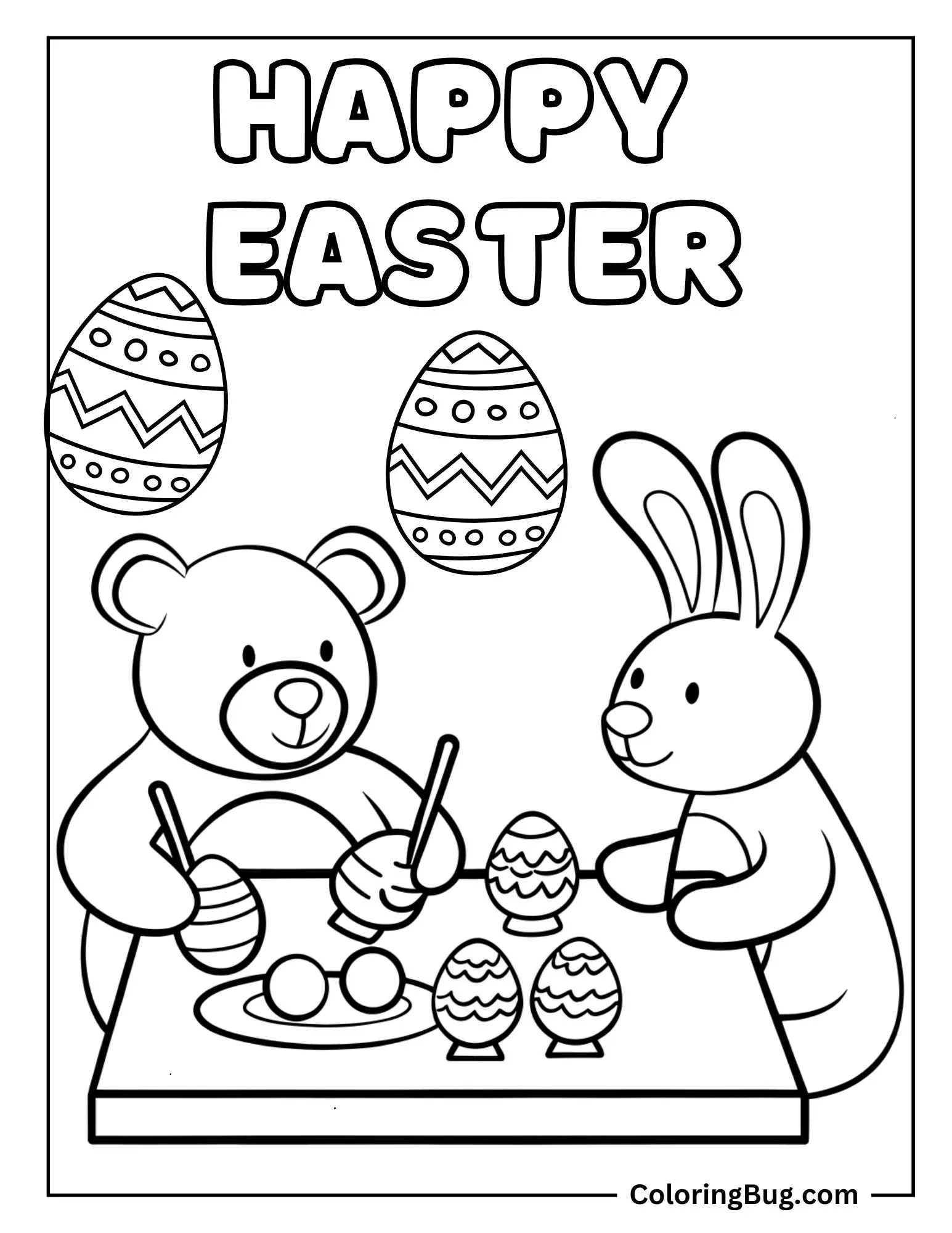 Bear with Easter Bunny Painting Easter Eggs Coloring sheet