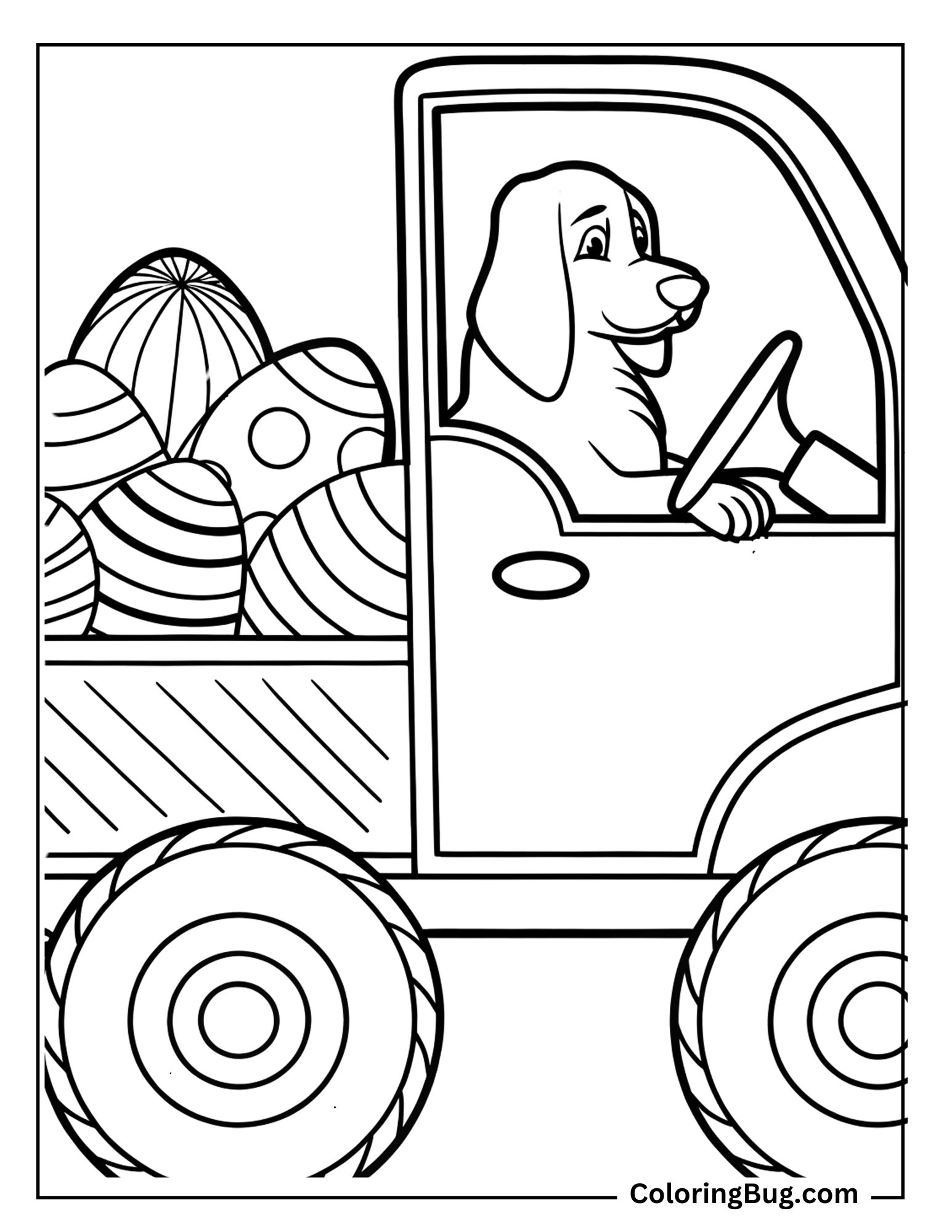 Bernese Mountain Dog Driving Truck of Easter Eggs Coloring Sheet