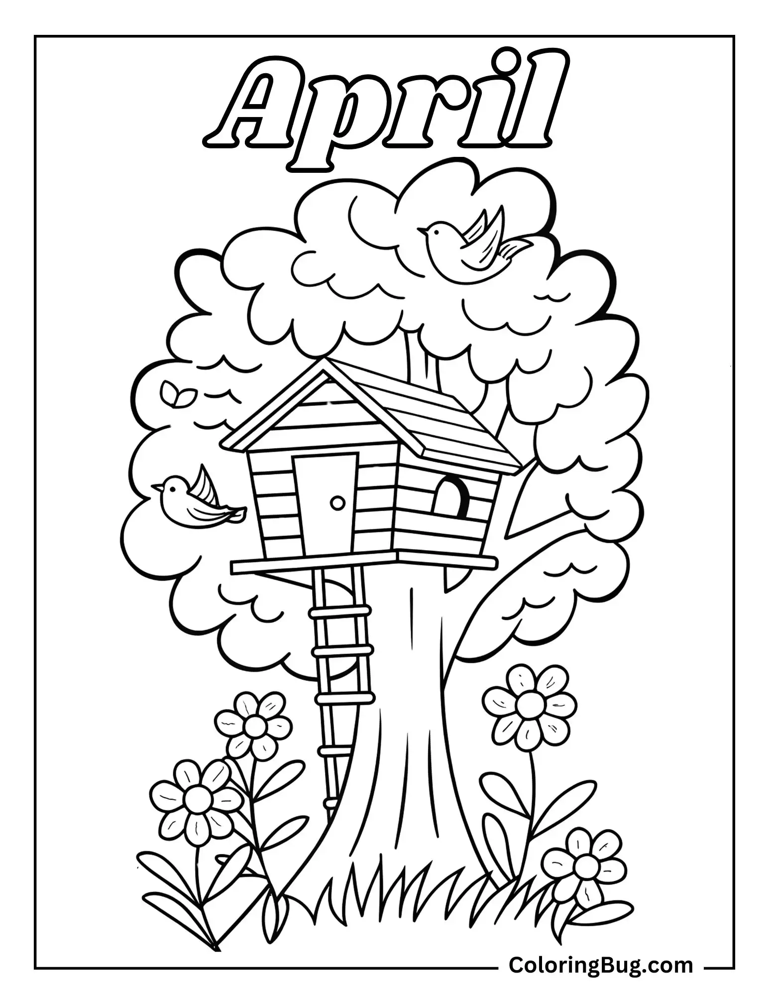 Bird House in Big Tree With Blooming Flowers And Birds Coloring Sheet