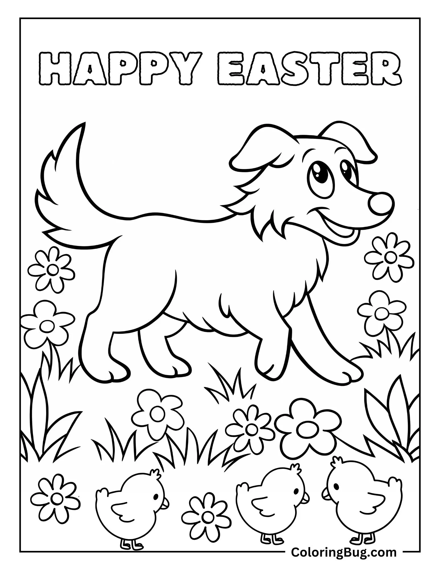 Border Collie in Flowers Meadow With Cute Chicks Coloring Sheet