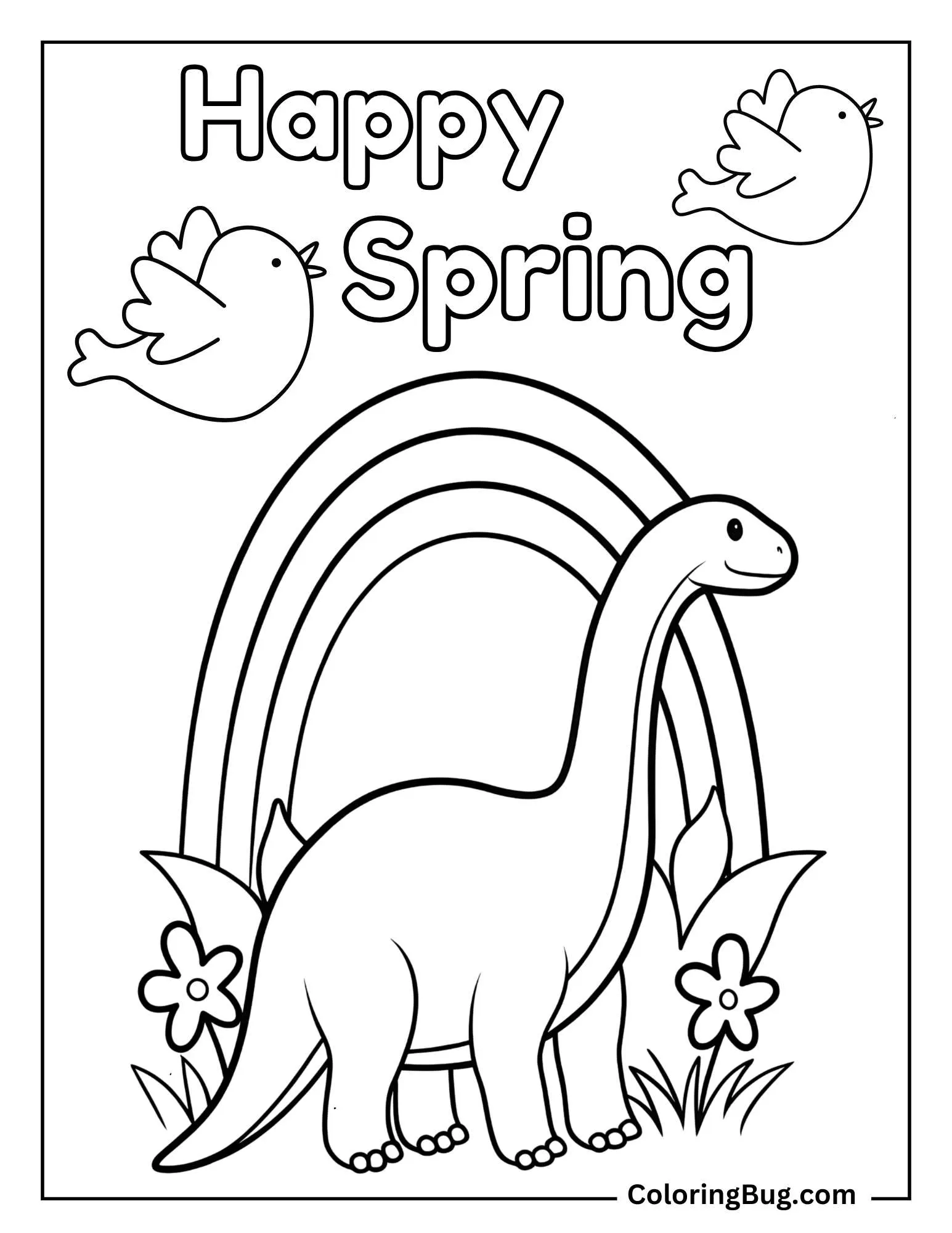 Brachiosaurus Standing In Flowers Meadow With Rainbow During Spring Coloring Sheet