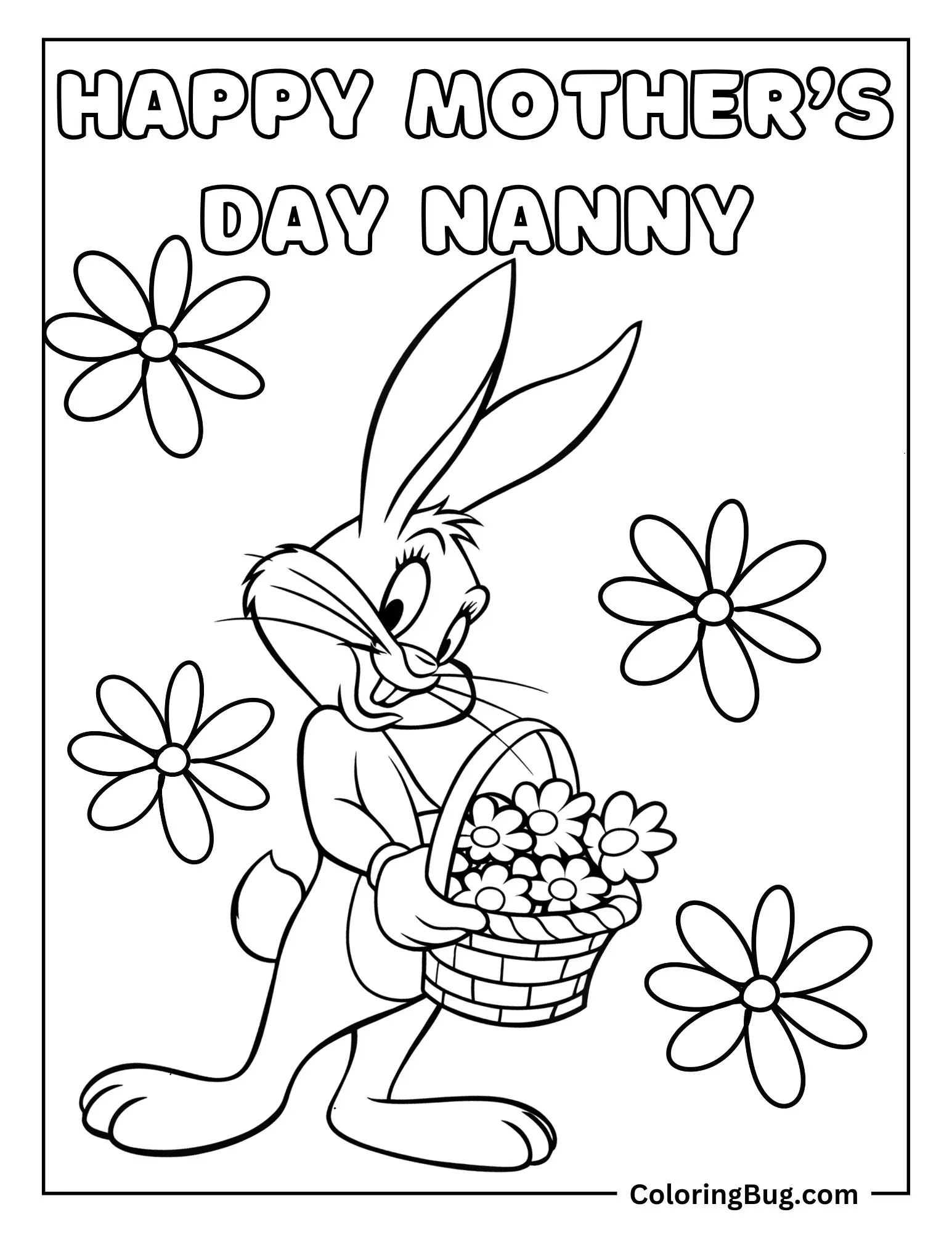 Bugs Bunny Holding Flowers For Nanny Coloring Sheet