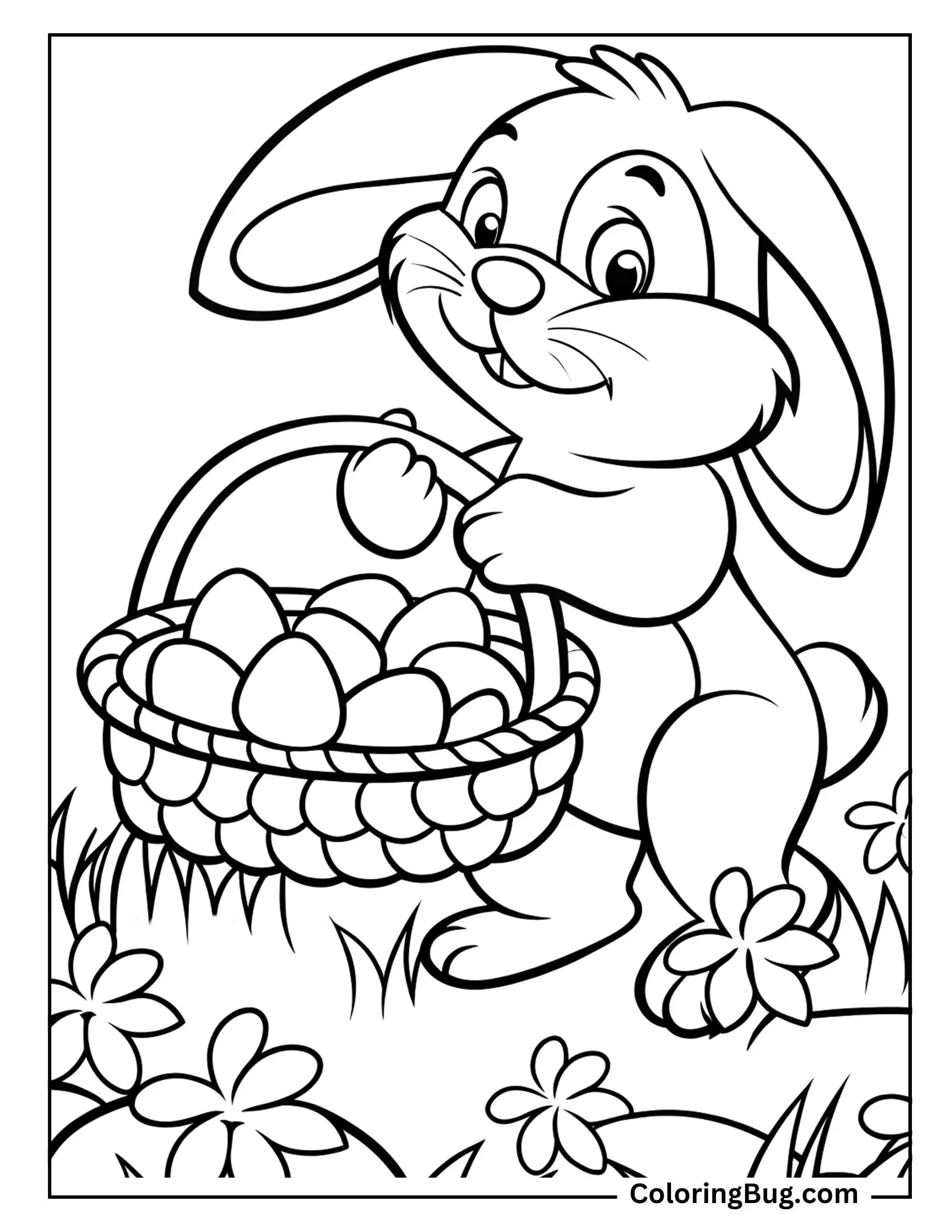 Bunny Collecting Easter Eggs in Basket Coloring Page