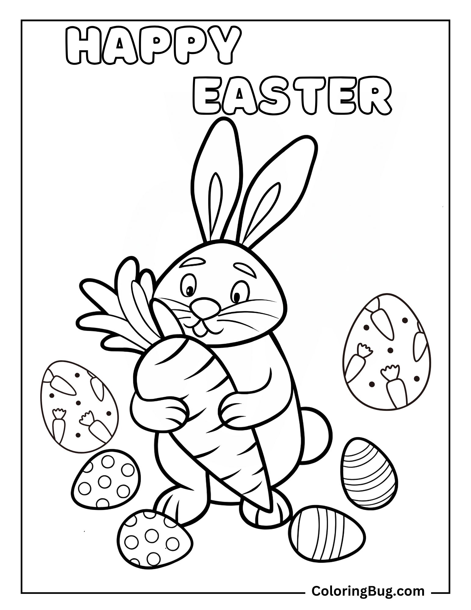 Bunny Holding Carrot Surrounded By Easter Eggs Coloring Sheet