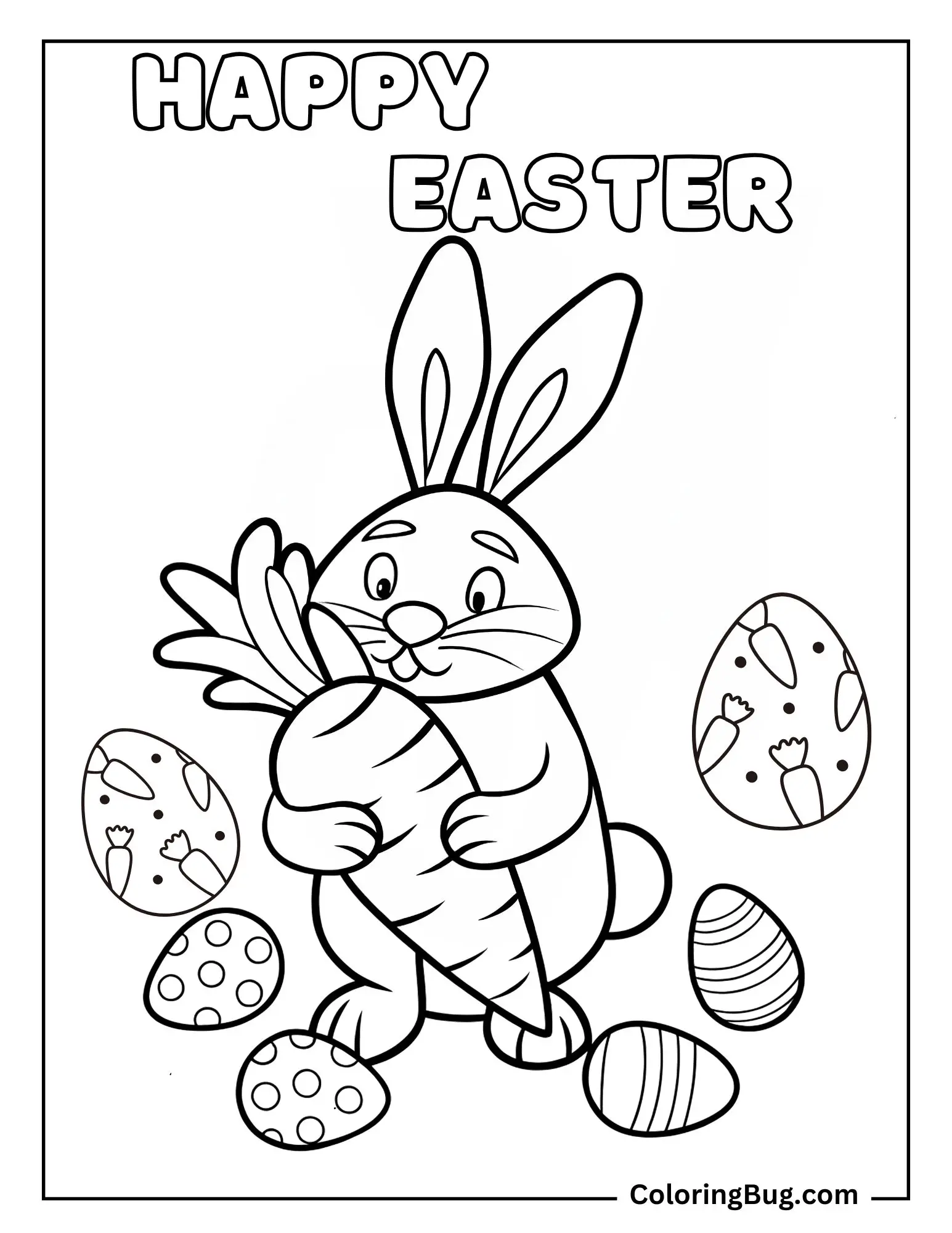 Bunny Holding Carrot Surrounded By Easter Eggs Coloring Sheet