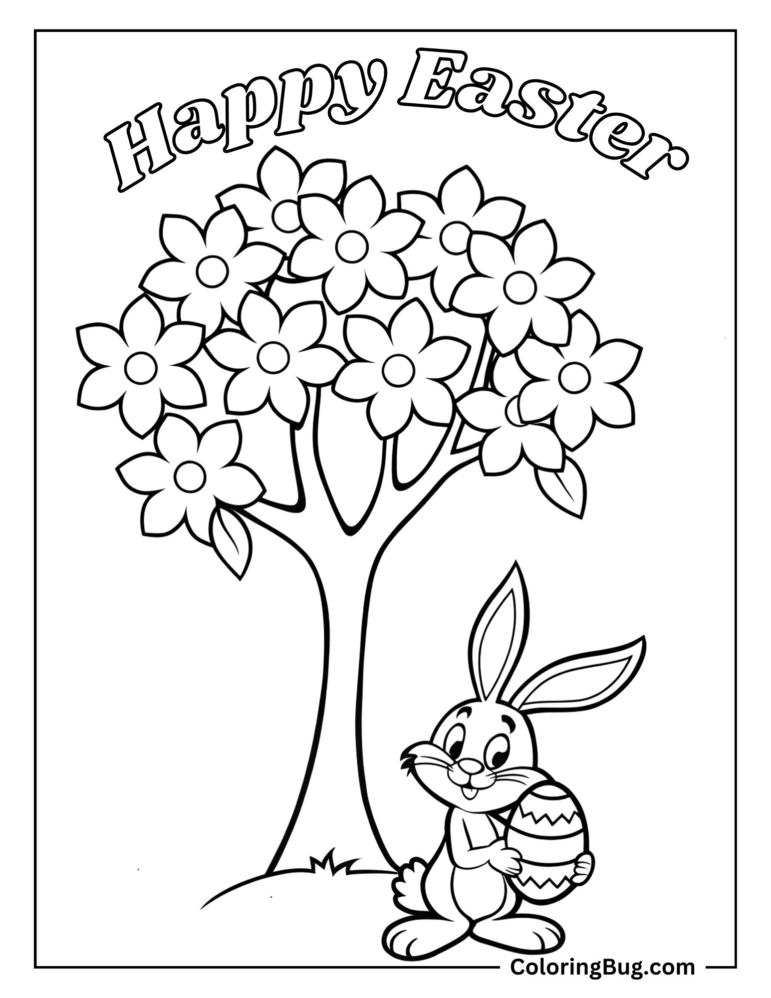 Bunny Holding Easter Egg Sitting Under Flowers Tree Coloring Sheet