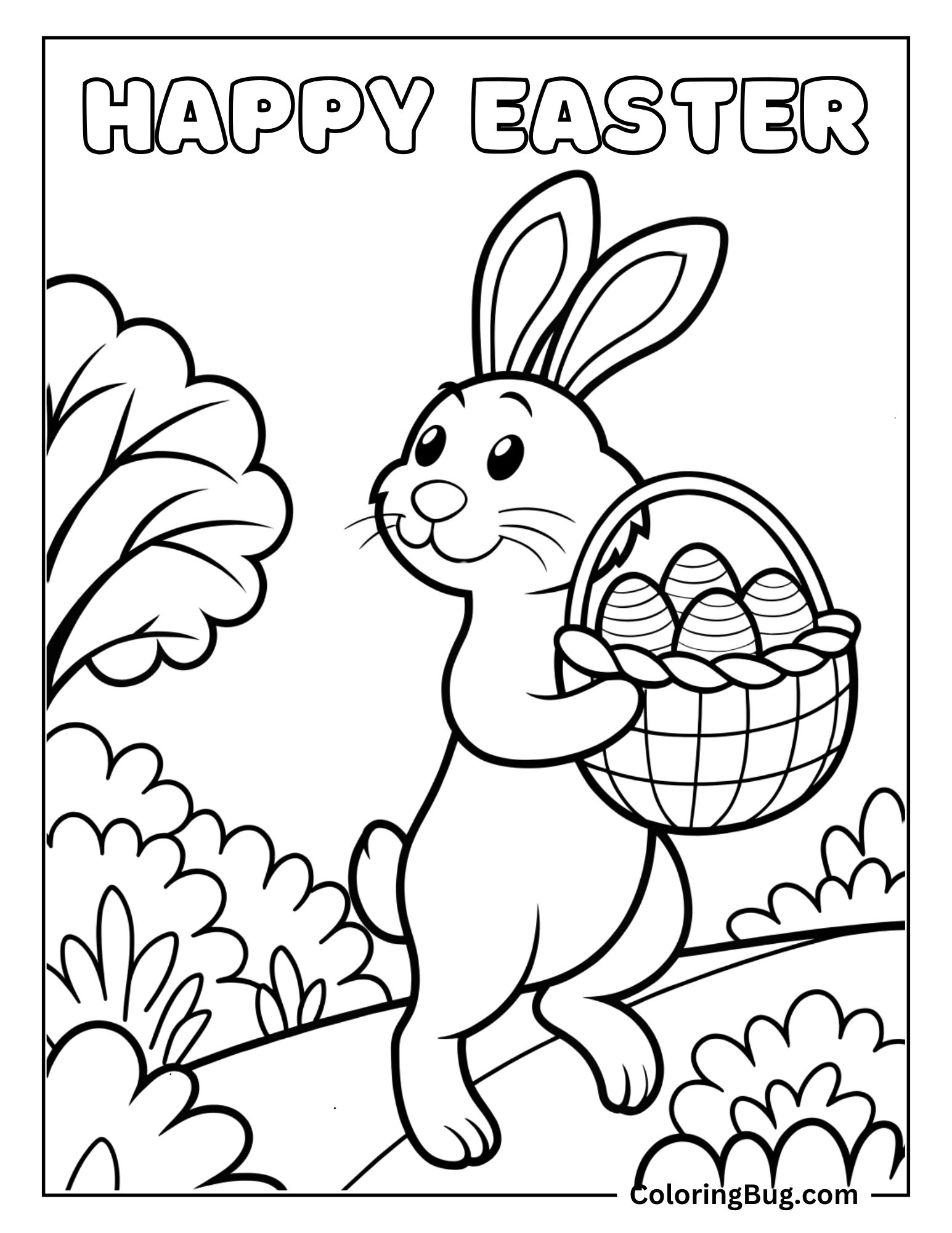 Bunny Hopping Down Path, Carrying Basket Full of Easter Eggs Coloring Sheet