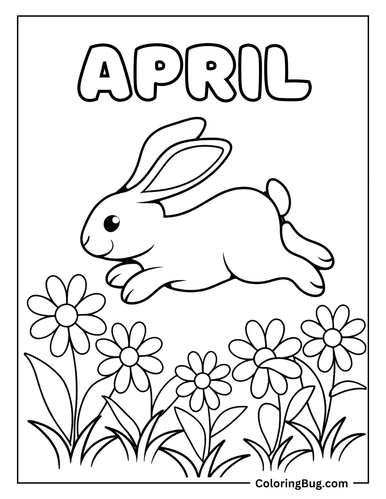 Bunny Hopping Over Blooming Flowers Coloring Sheet